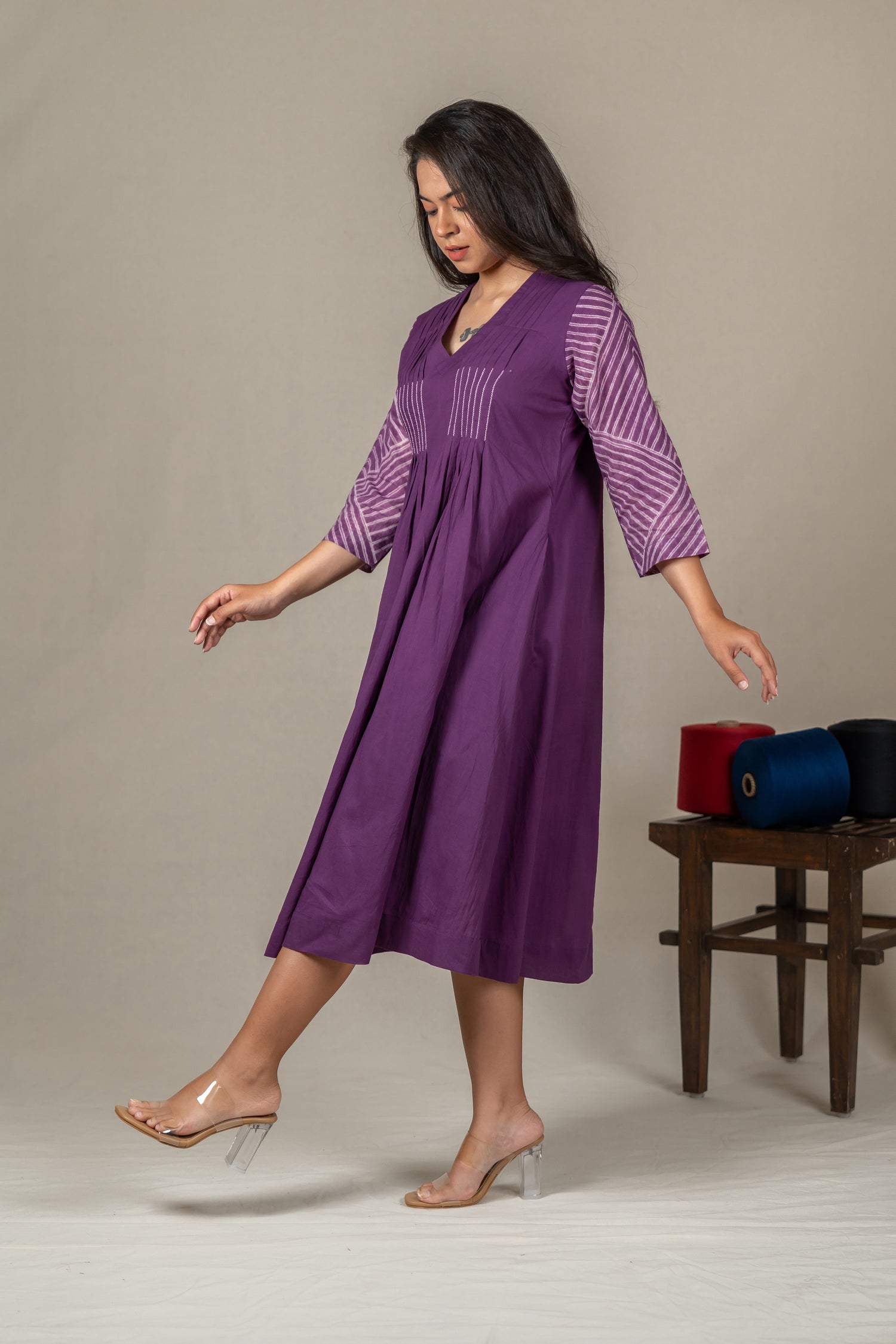 Purple Mul Cotton Shibori Tie-Dye Dress with Hand Embroidery – Amevara