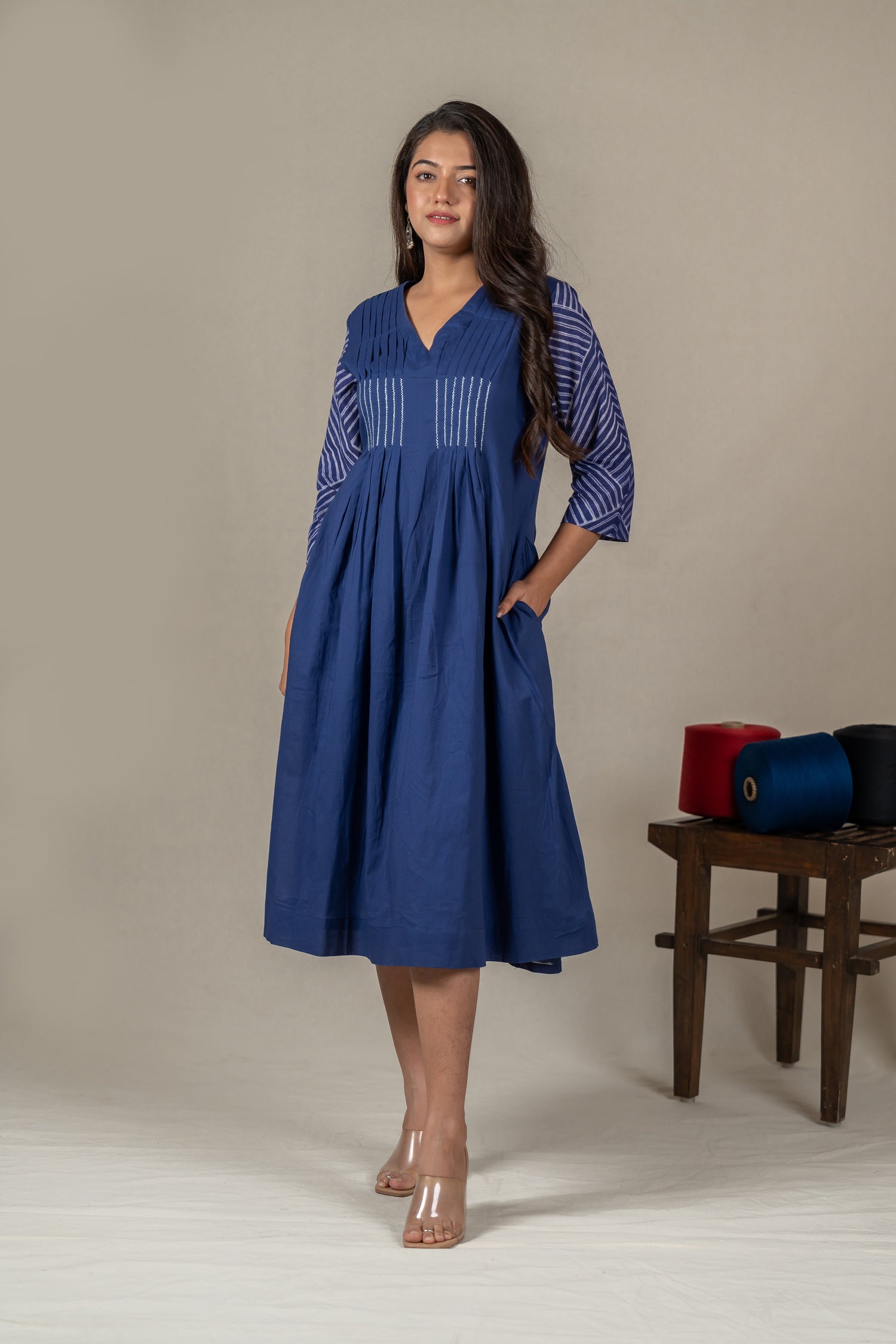 Indigo Mul Cotton Shibori Tie-Dye Dress with Hand Embroidery – Amevara