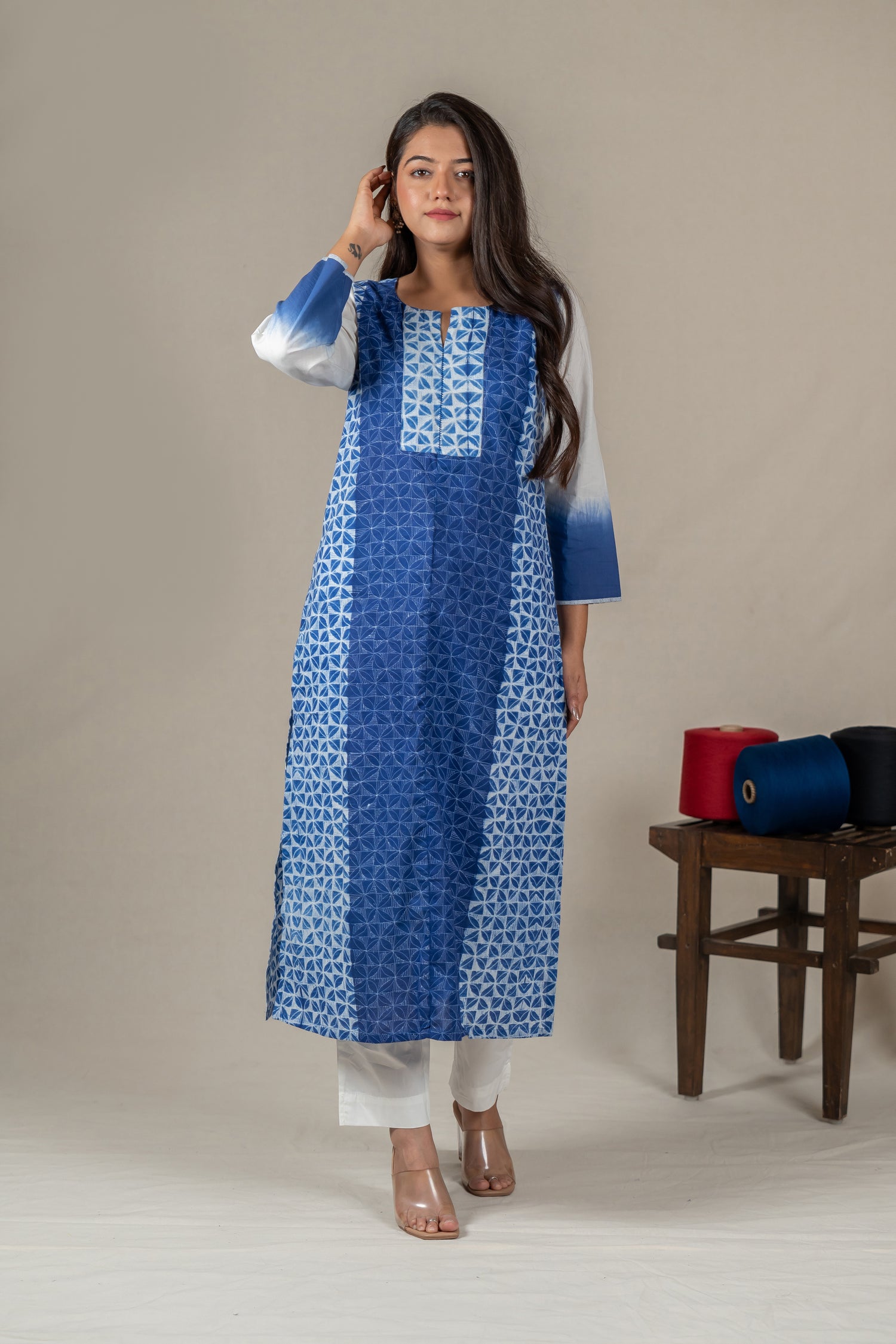 Indigo Mul Cotton Shibori Kurta with Hand Embroidered Neckline – Amevara