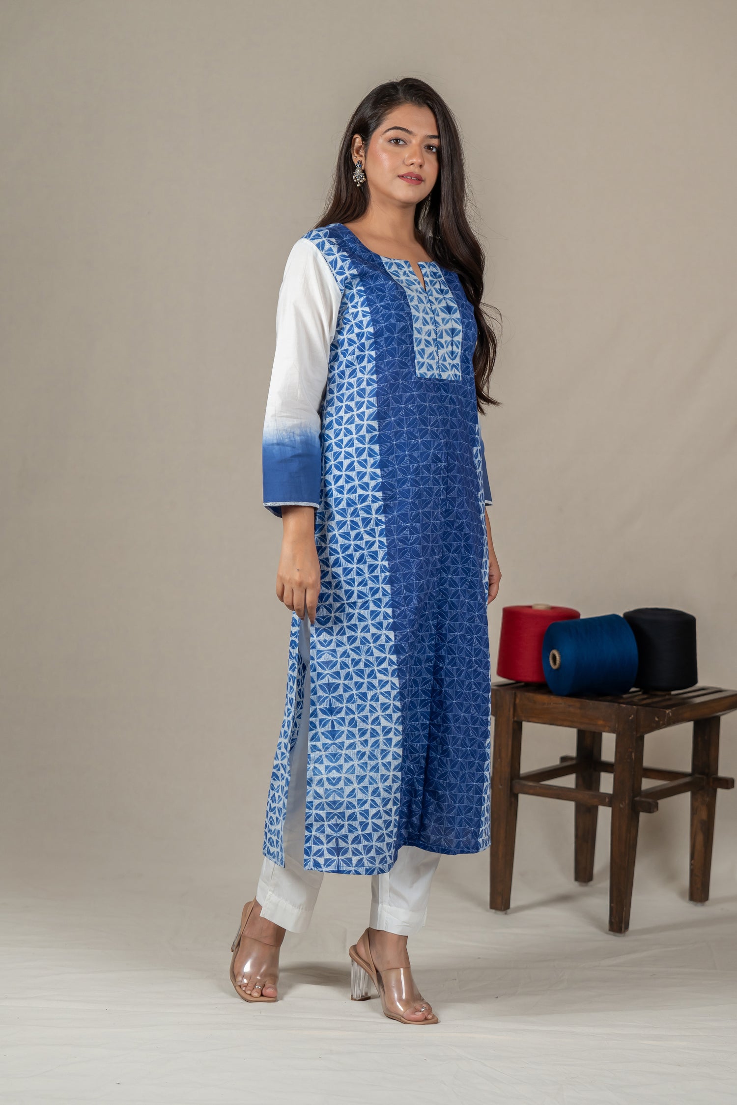 Indigo Mul Cotton Shibori Kurta with Hand Embroidered Neckline – Amevara