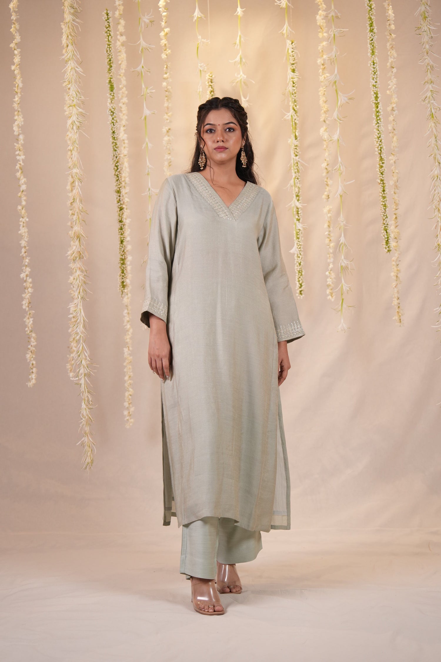 Ek Dor Grey Striped Tissue Silk Kurta Set with Machine Embroidery – Set of Three