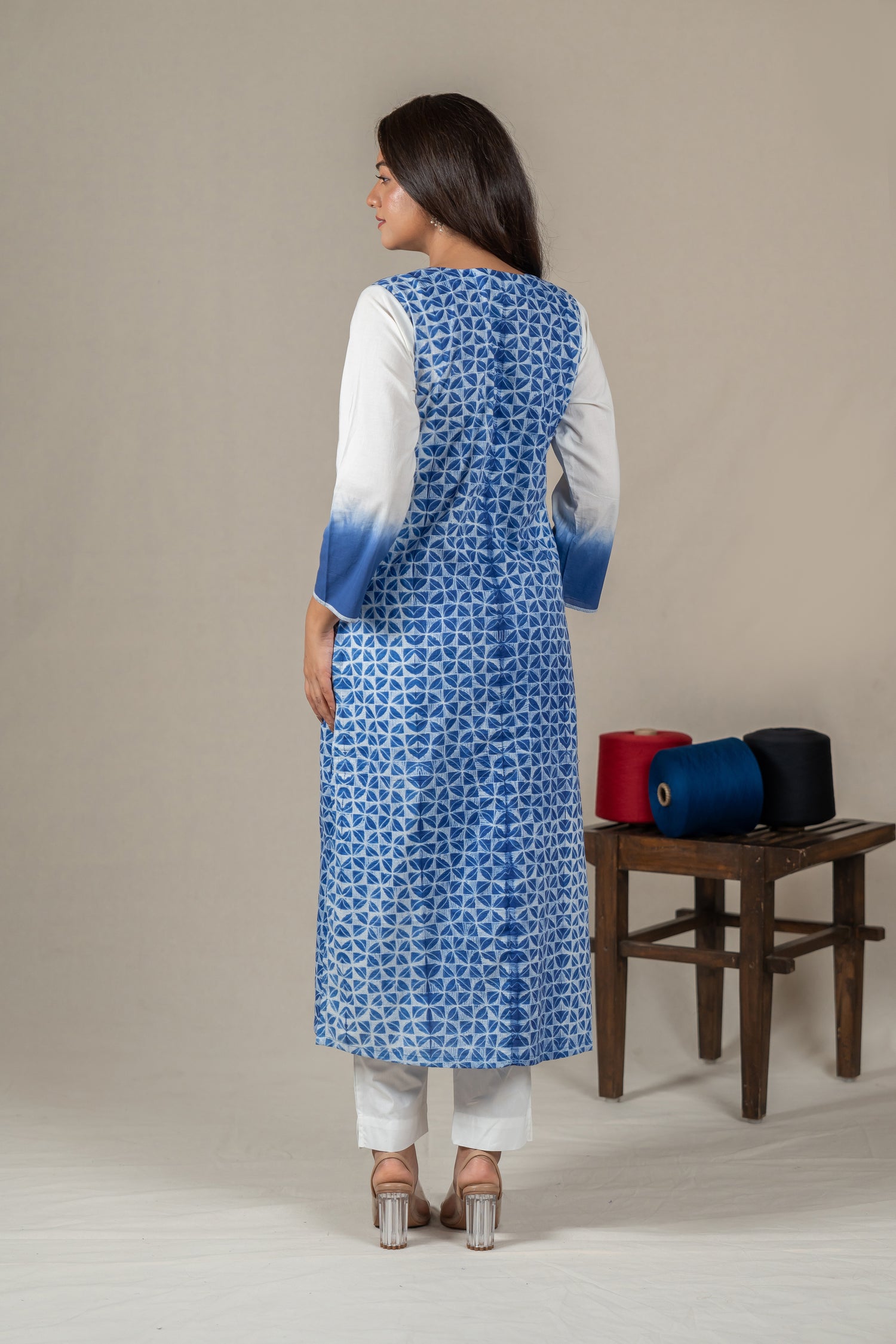Indigo Mul Cotton Shibori Kurta with Hand Embroidered Neckline – Amevara