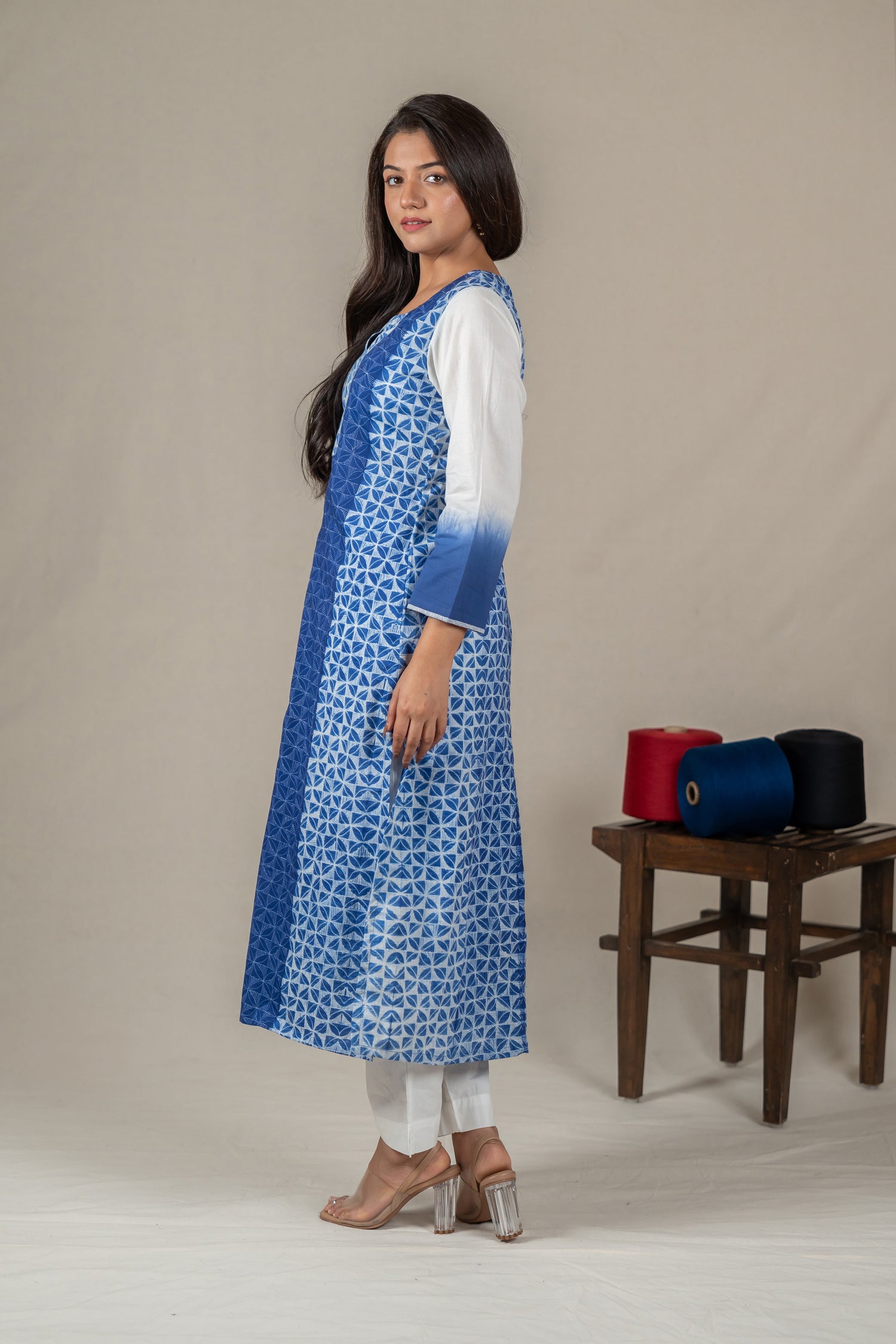Indigo Mul Cotton Shibori Kurta with Hand Embroidered Neckline – Amevara