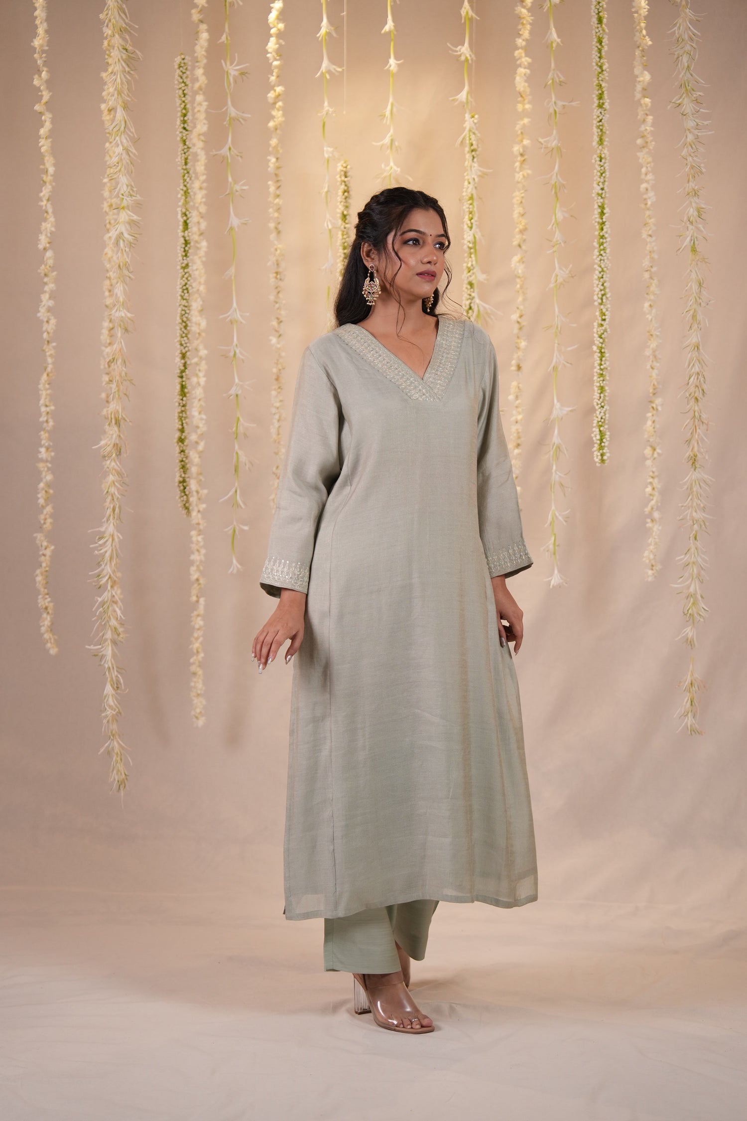 Ek Dor Grey Striped Tissue Silk Kurta Set with Machine Embroidery – Set of Three