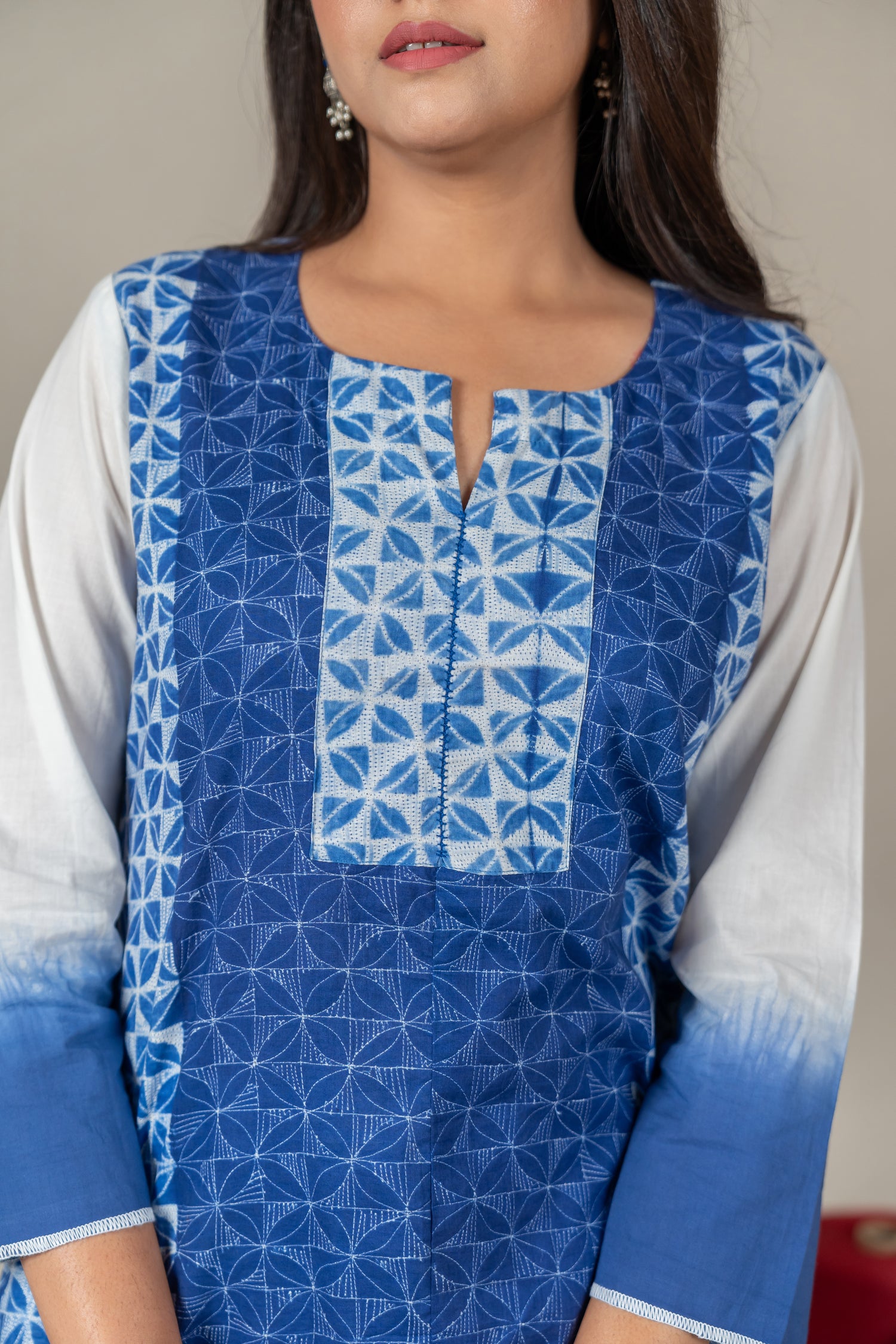 Indigo Mul Cotton Shibori Kurta with Hand Embroidered Neckline – Amevara