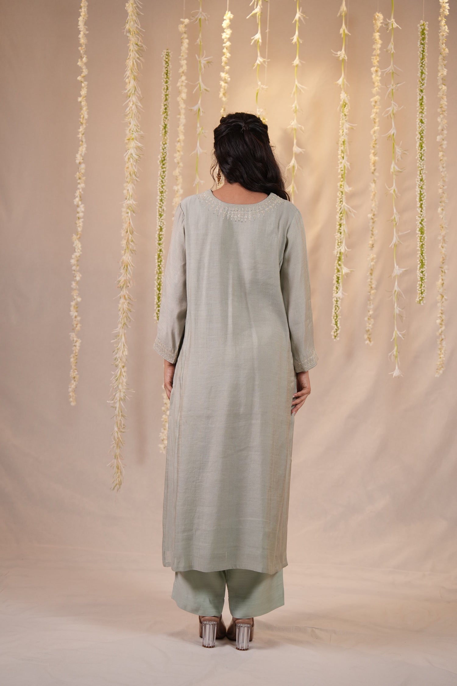 Ek Dor Grey Striped Tissue Silk Kurta Set with Machine Embroidery – Set of Three
