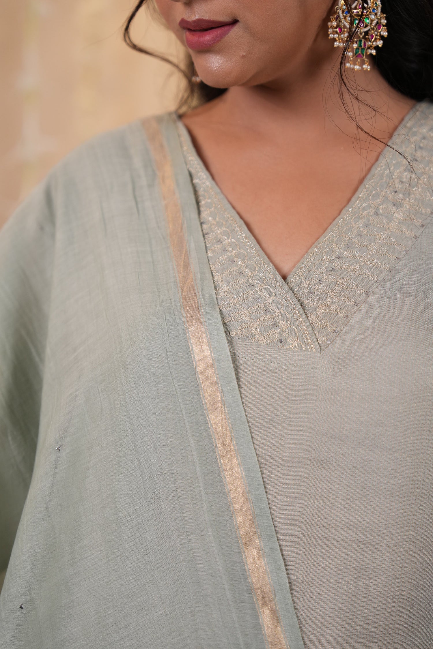 Ek Dor Grey Striped Tissue Silk Kurta Set with Machine Embroidery – Set of Three