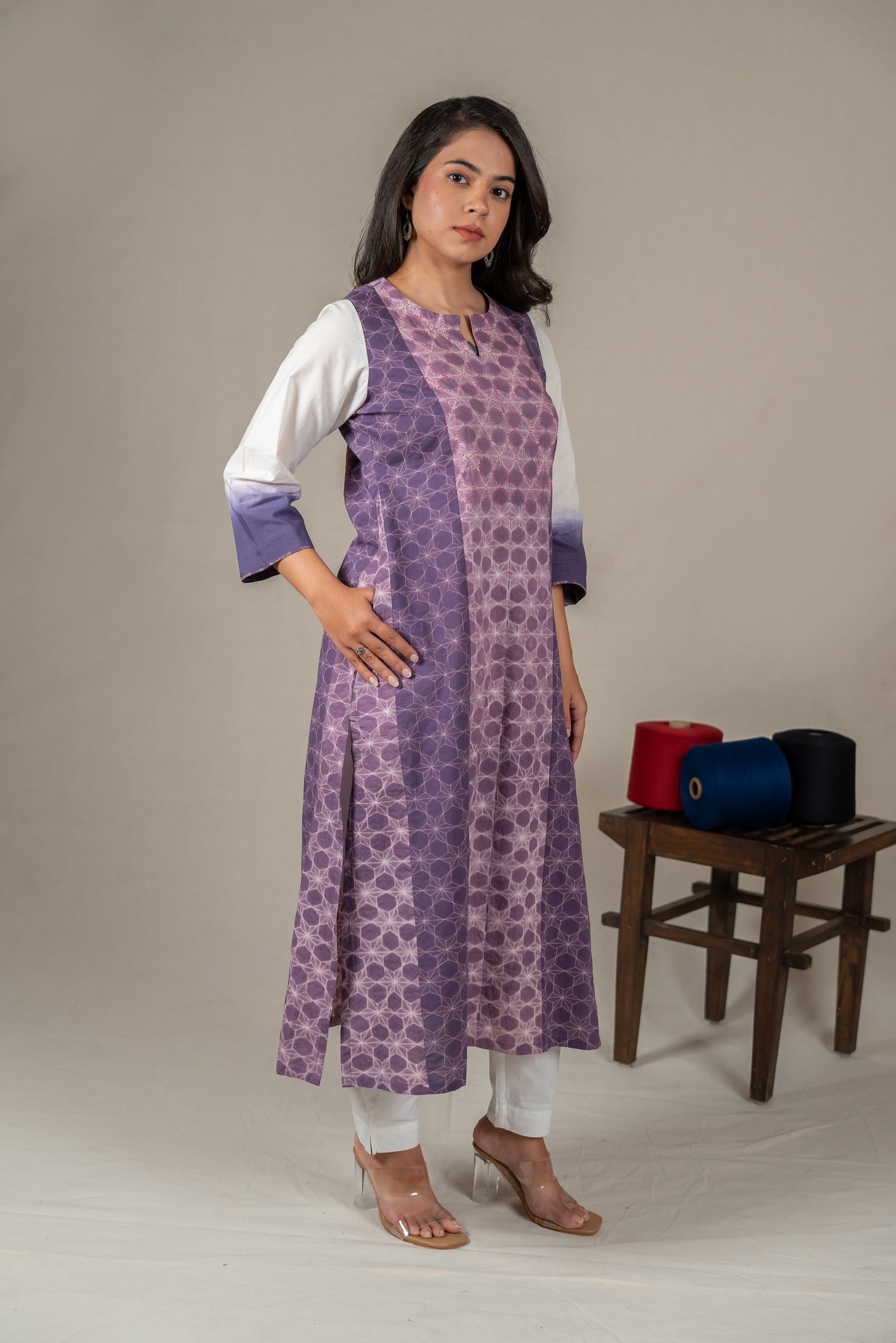 Hand-Embroidered Lavender Mul Cotton Shibori Kurta – Amevara