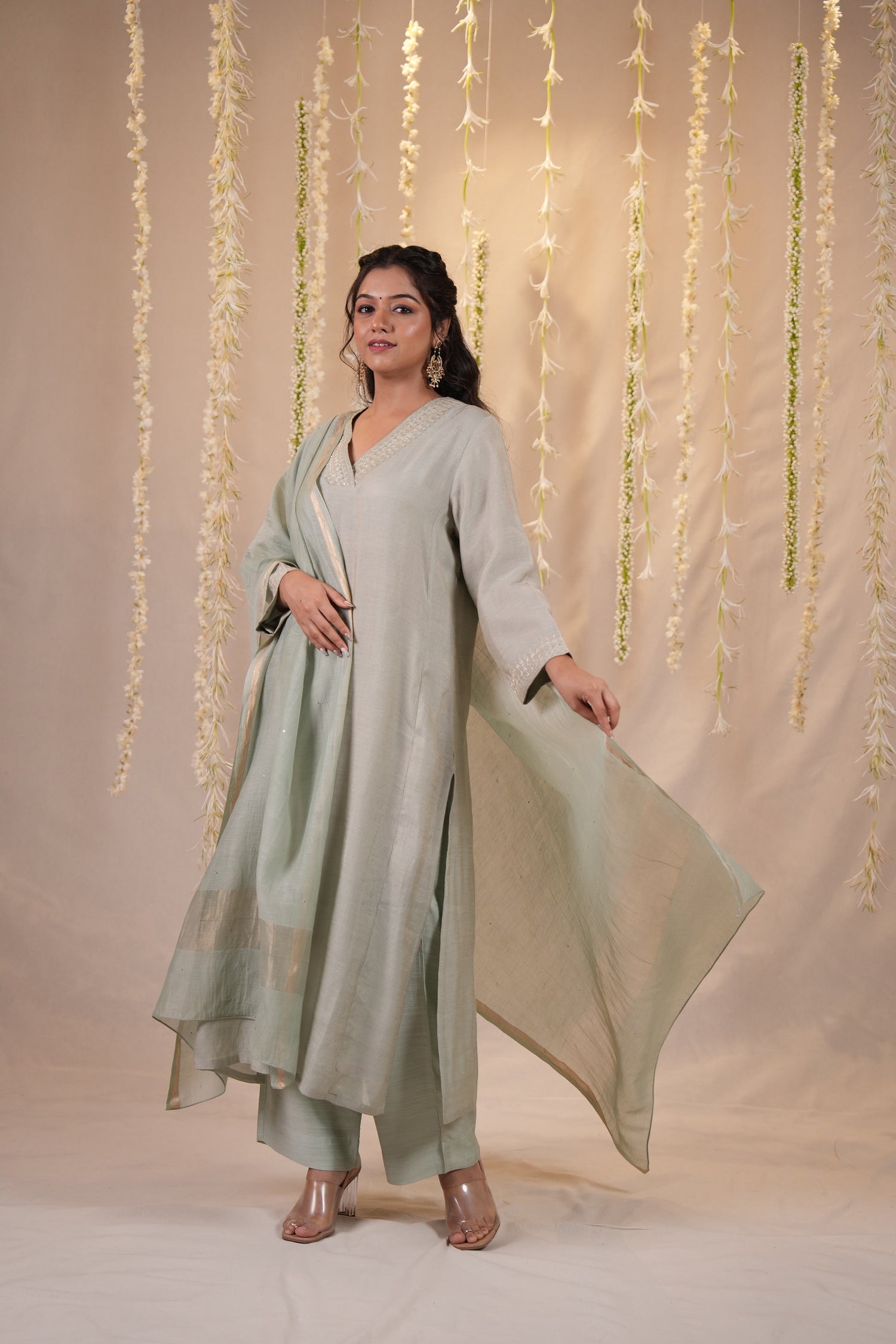 Ek Dor Grey Striped Tissue Silk Kurta Set with Machine Embroidery – Set of Three