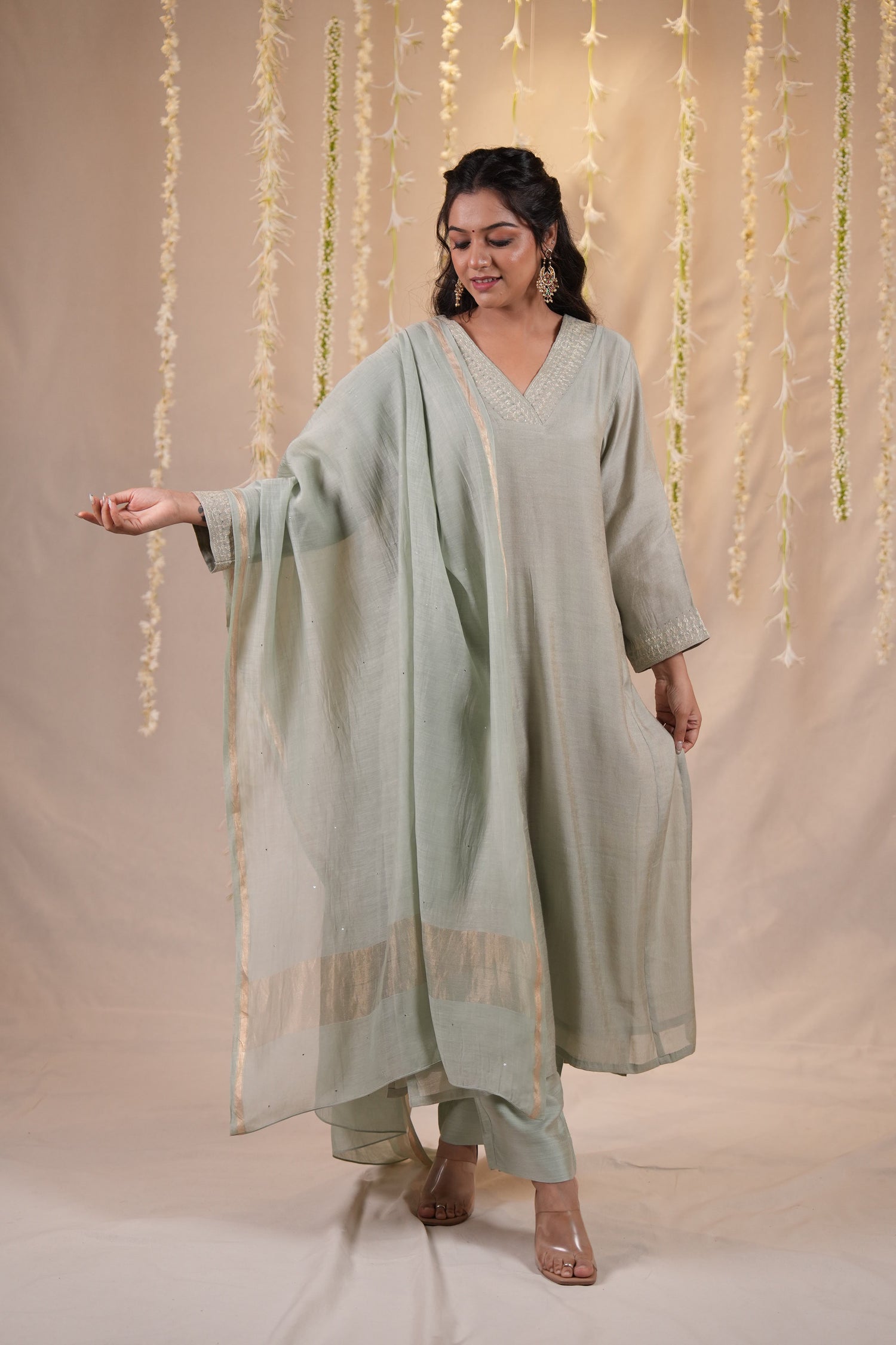 Ek Dor Grey Striped Tissue Silk Kurta Set with Machine Embroidery – Set of Three
