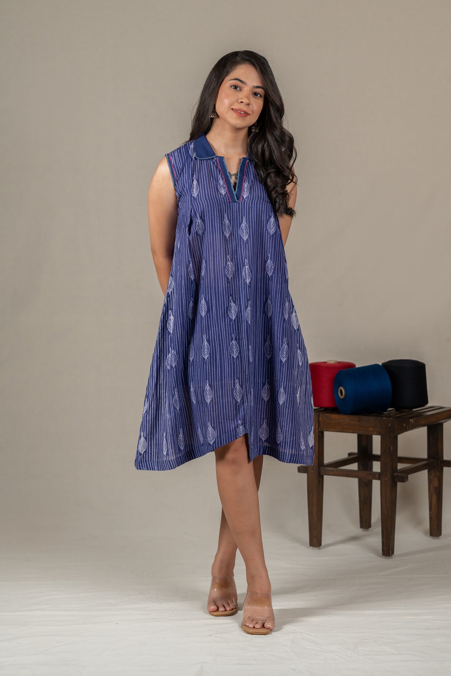 Navy Blue Mul Cotton Shibori Panel Dress with Hand Embroidery – Amevara