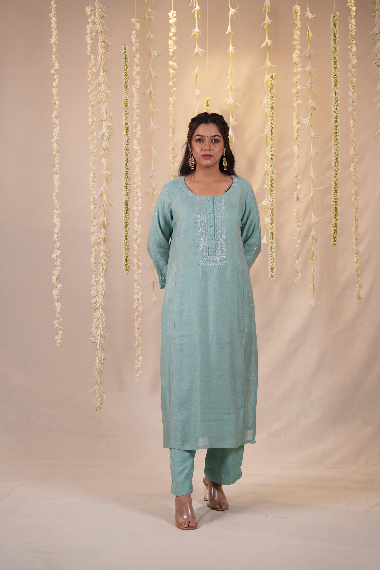 Ek Dor Sea Green Striped Tissue Silk Kurta Set– Set of Three