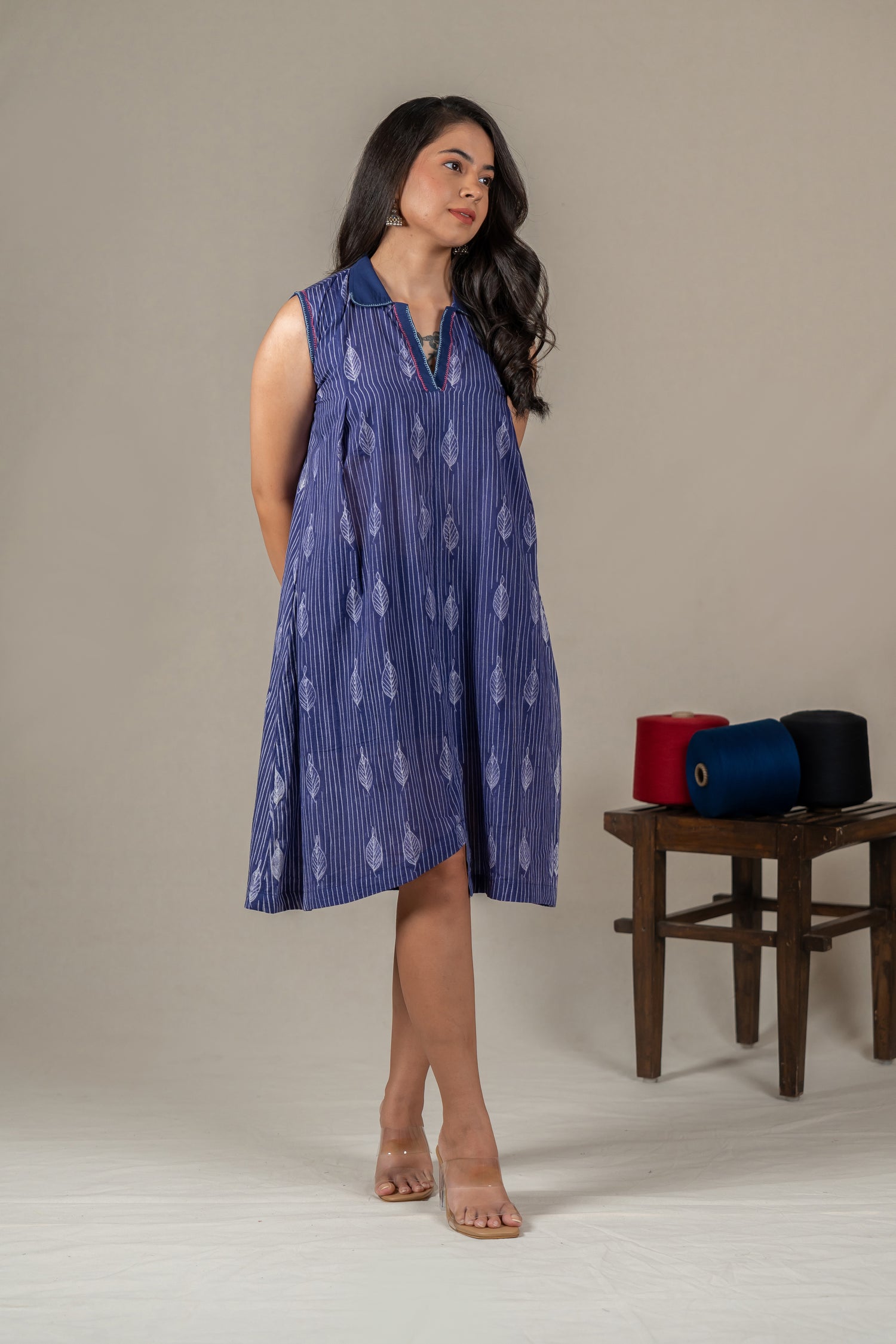 Navy Blue Mul Cotton Shibori Panel Dress with Hand Embroidery – Amevara