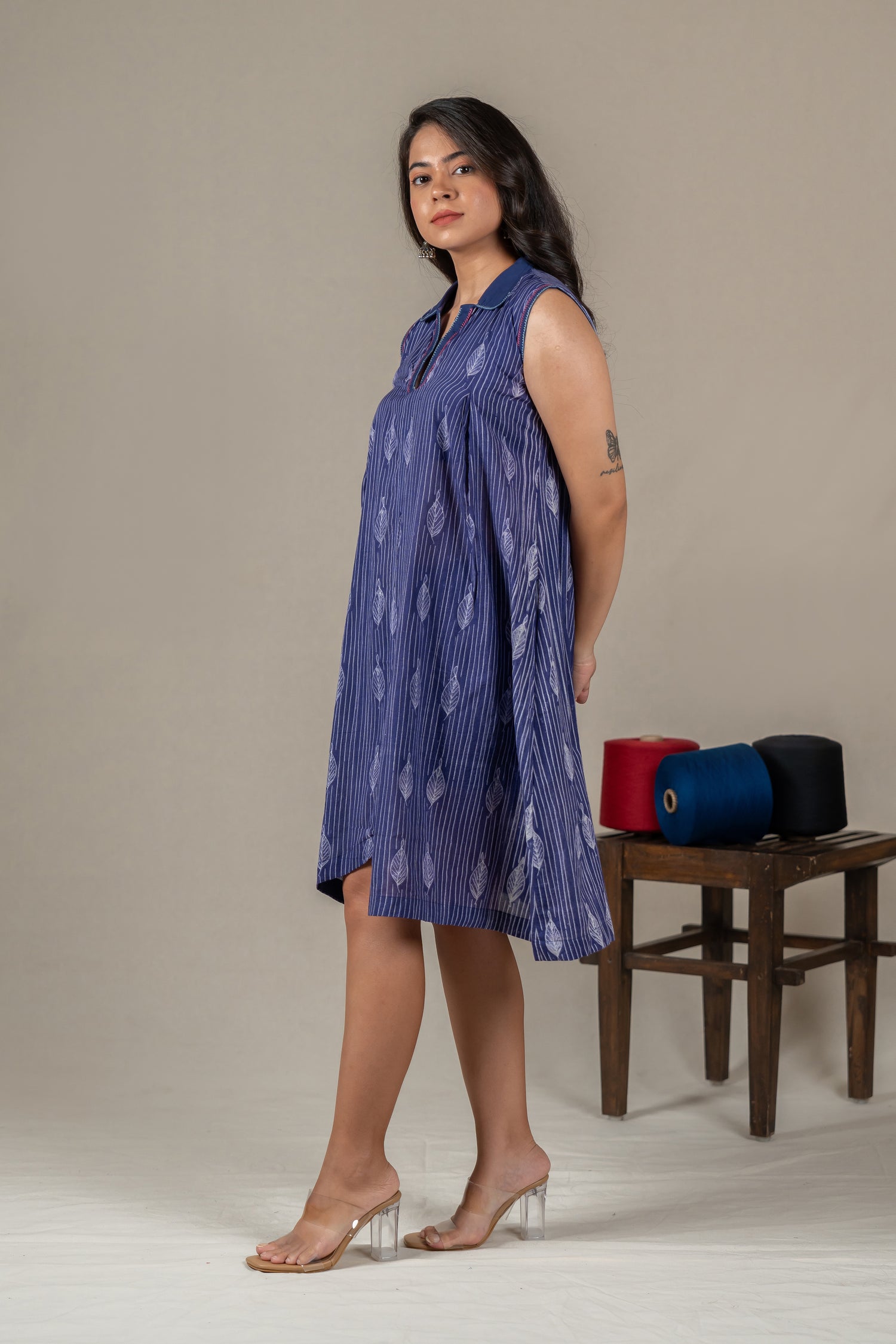 Navy Blue Mul Cotton Shibori Panel Dress with Hand Embroidery – Amevara