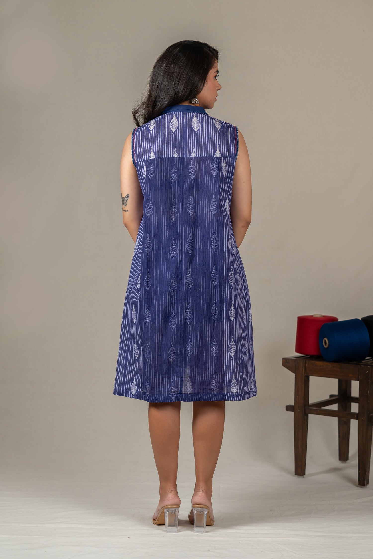 Navy Blue Mul Cotton Shibori Panel Dress with Hand Embroidery – Amevara