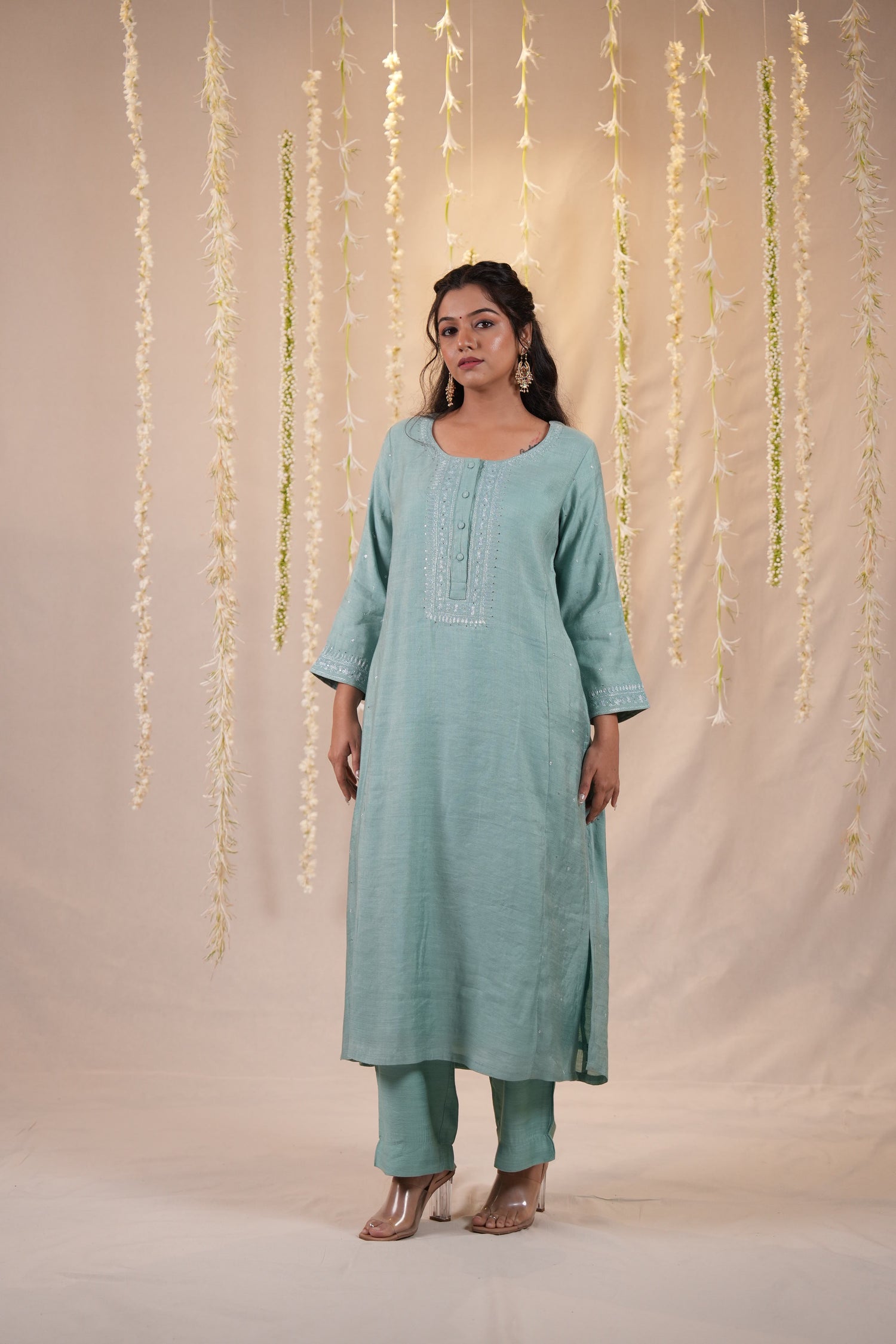 Ek Dor Sea Green Striped Tissue Silk Kurta Set– Set of Three
