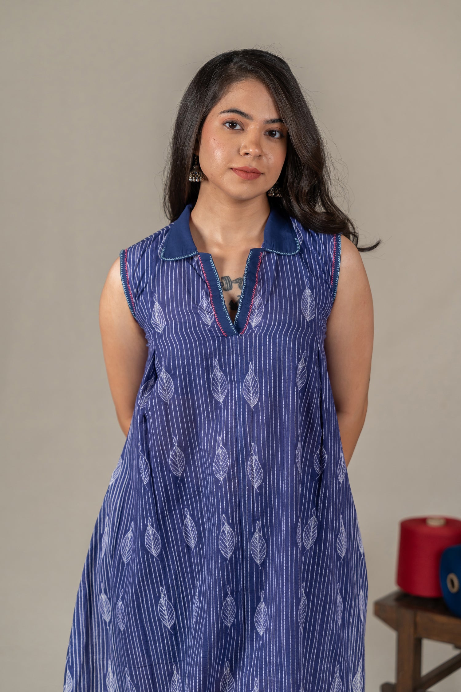 Navy Blue Mul Cotton Shibori Panel Dress with Hand Embroidery – Amevara