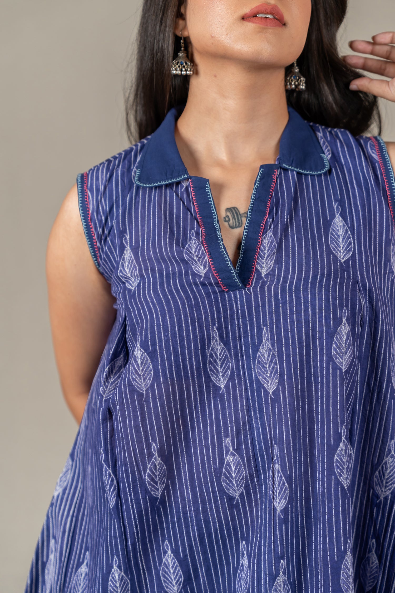 Navy Blue Mul Cotton Shibori Panel Dress with Hand Embroidery – Amevara
