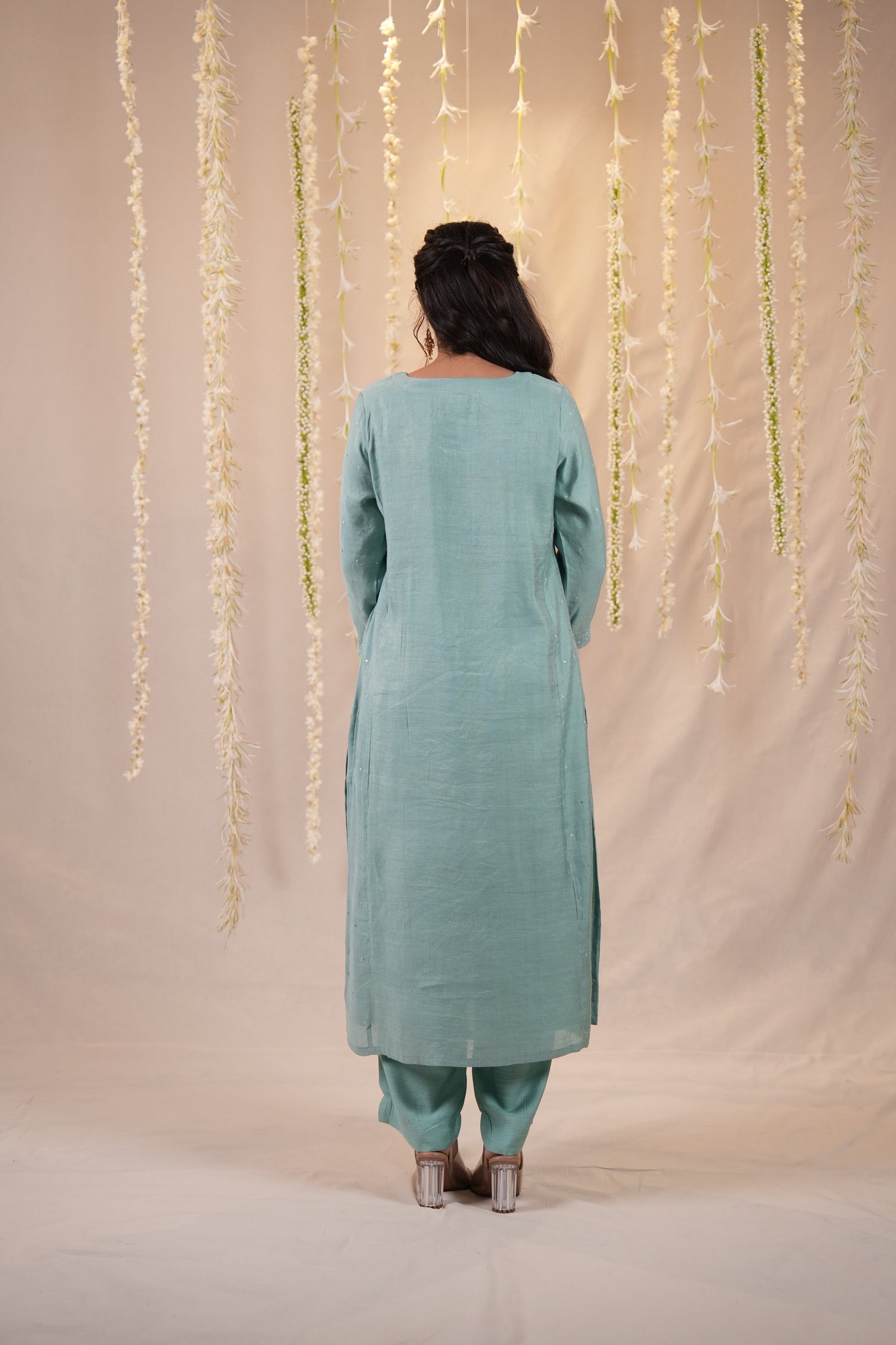 Ek Dor Sea Green Striped Tissue Silk Kurta Set– Set of Three