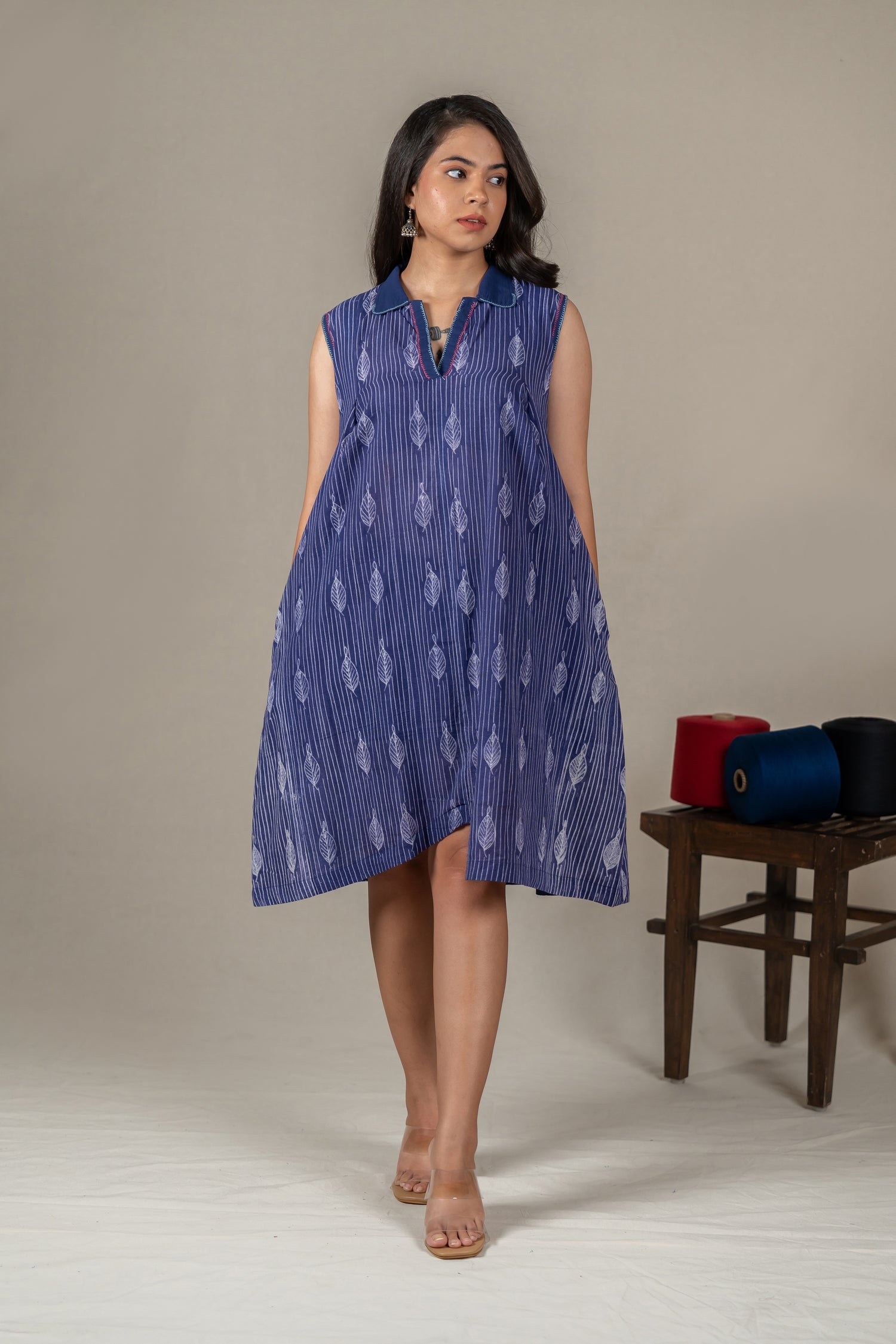Navy Blue Mul Cotton Shibori Panel Dress with Hand Embroidery – Amevara