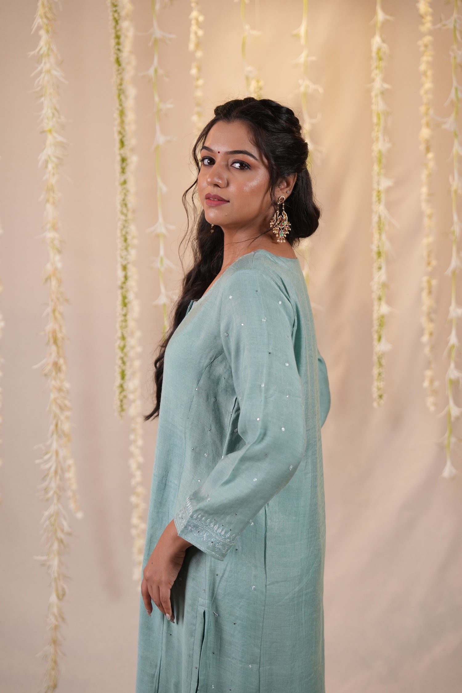 Ek Dor Sea Green Striped Tissue Silk Kurta Set– Set of Three