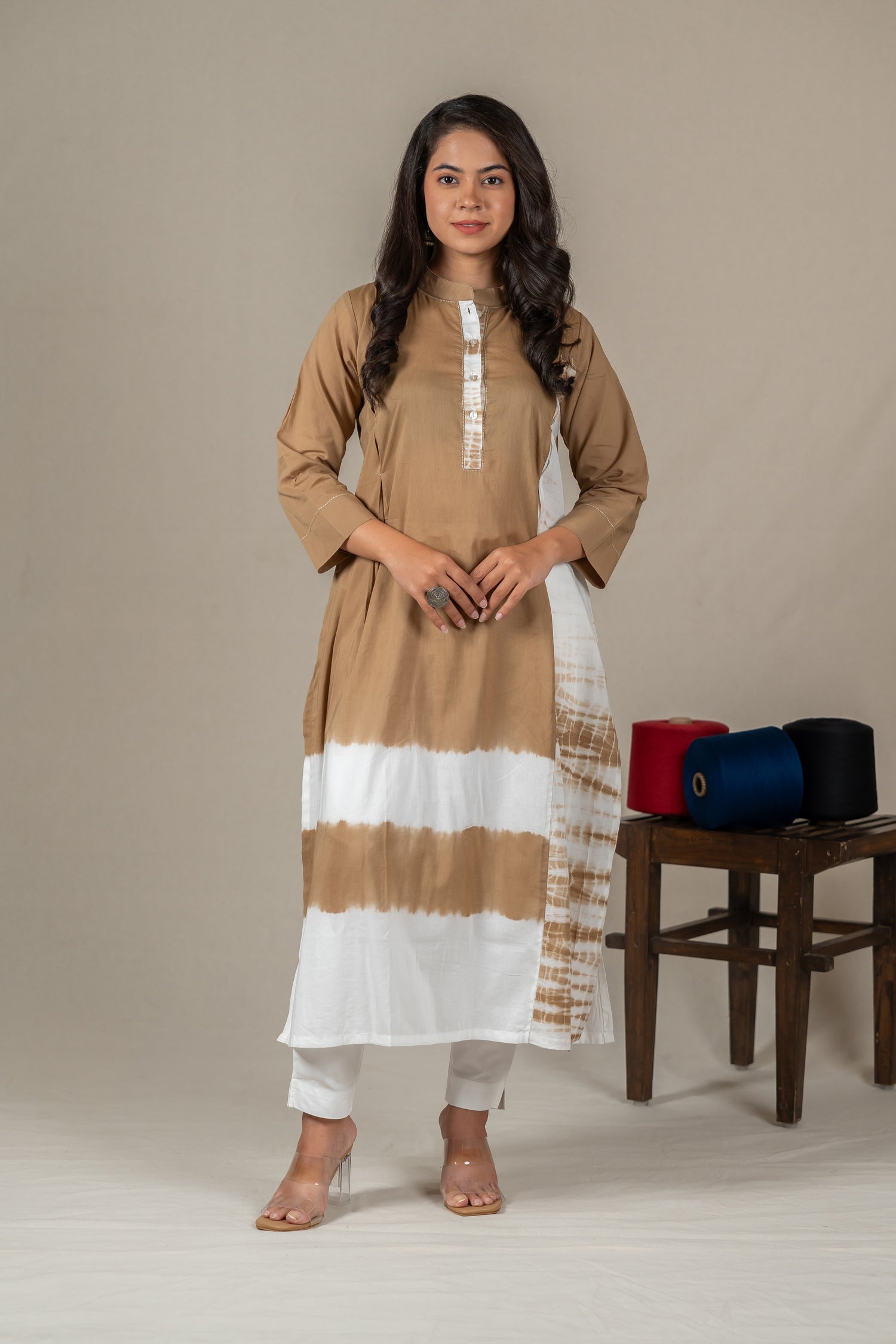 Hand-Embroidered Dark Beige Mul Cotton Shibori Kurta – Amevara