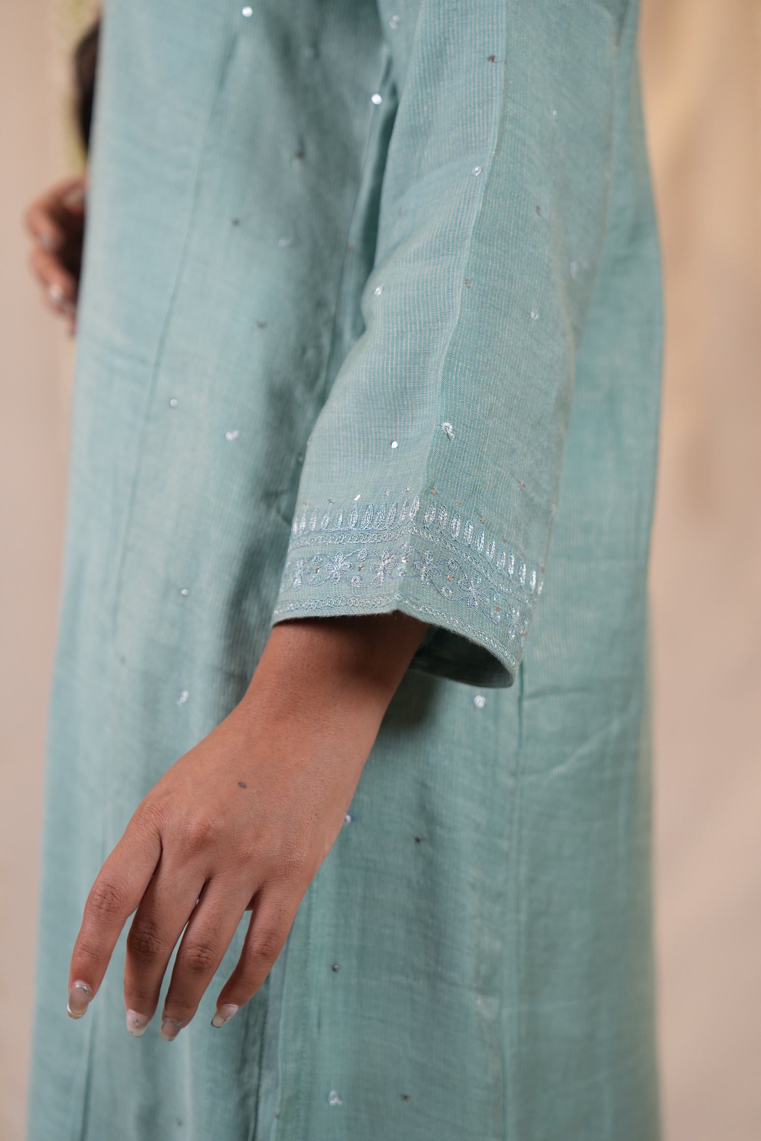 Ek Dor Sea Green Striped Tissue Silk Kurta Set– Set of Three