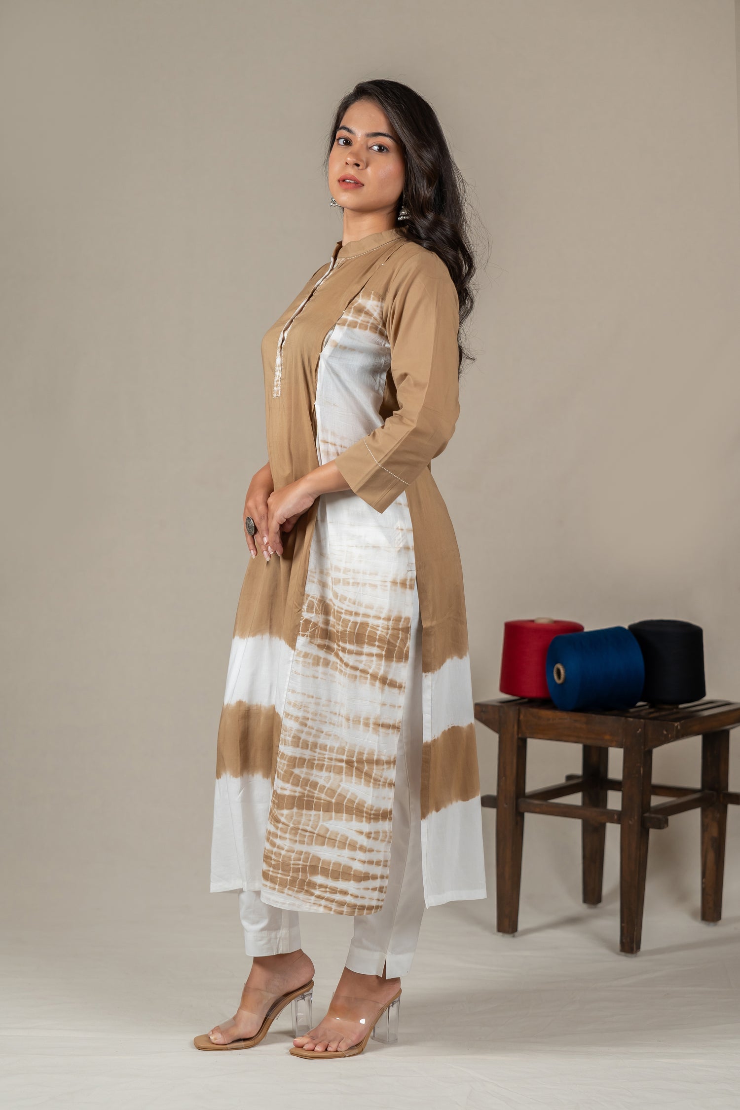 Hand-Embroidered Dark Beige Mul Cotton Shibori Kurta – Amevara