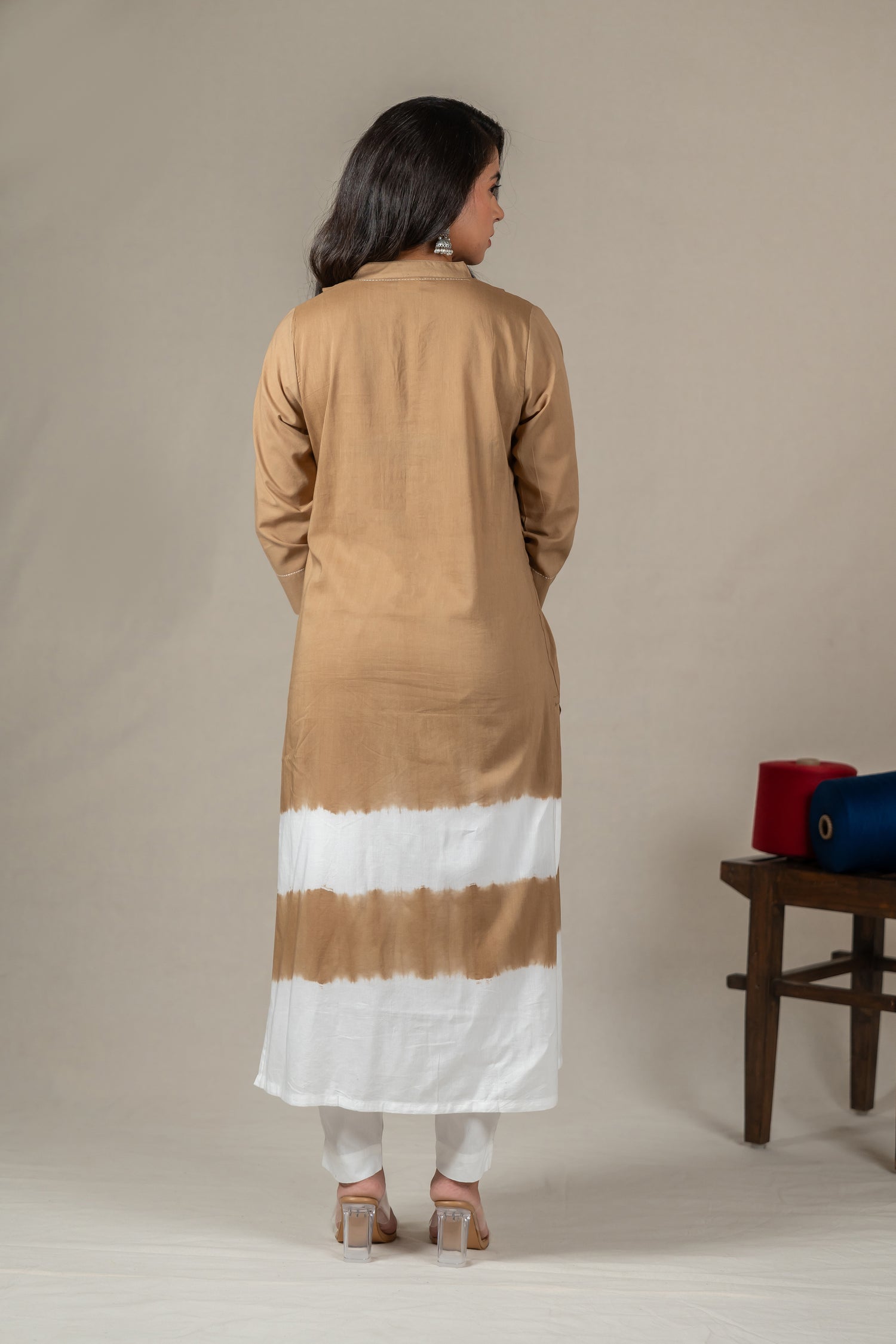 Hand-Embroidered Dark Beige Mul Cotton Shibori Kurta – Amevara
