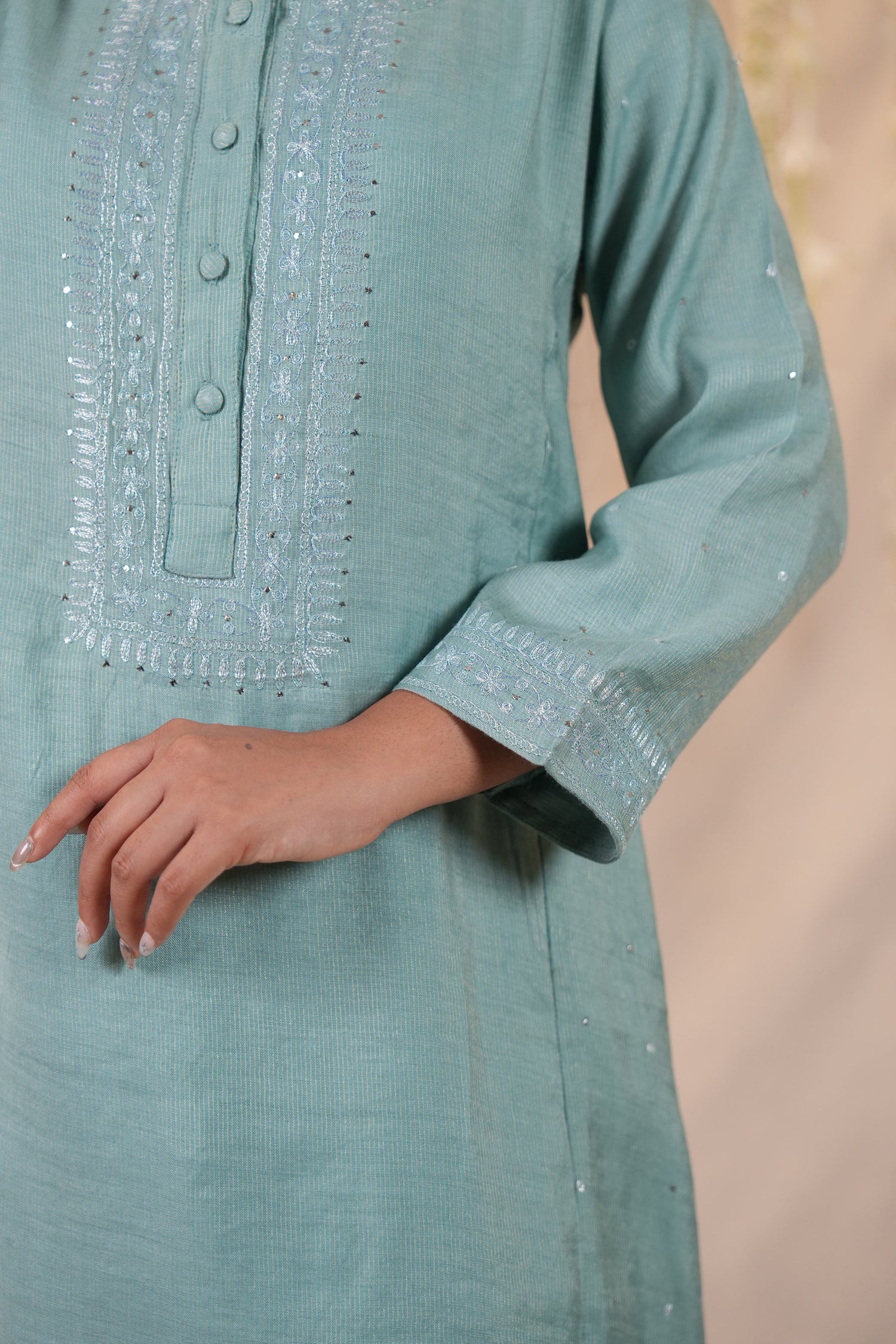 Ek Dor Sea Green Striped Tissue Silk Kurta Set– Set of Three
