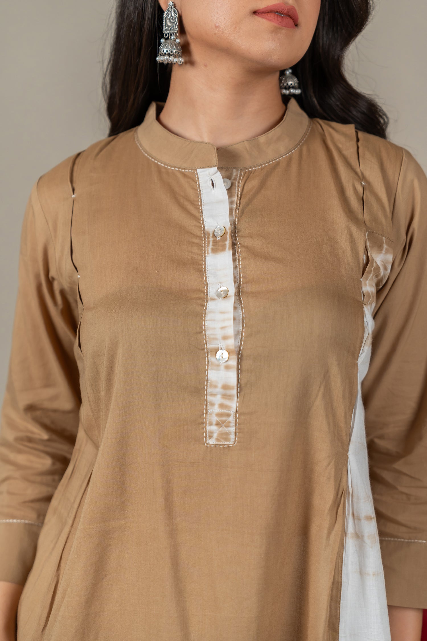 Hand-Embroidered Dark Beige Mul Cotton Shibori Kurta – Amevara