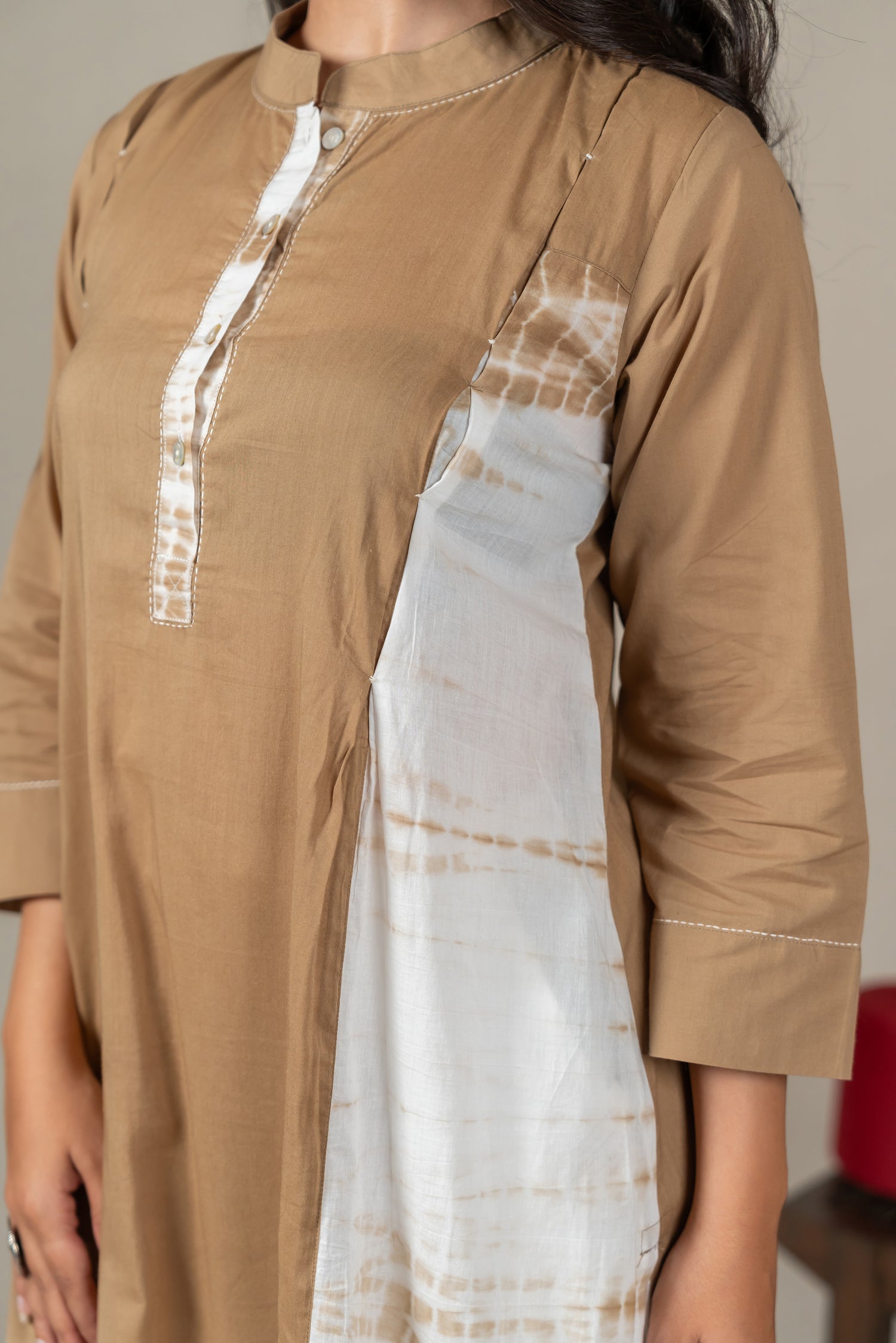 Hand-Embroidered Dark Beige Mul Cotton Shibori Kurta – Amevara