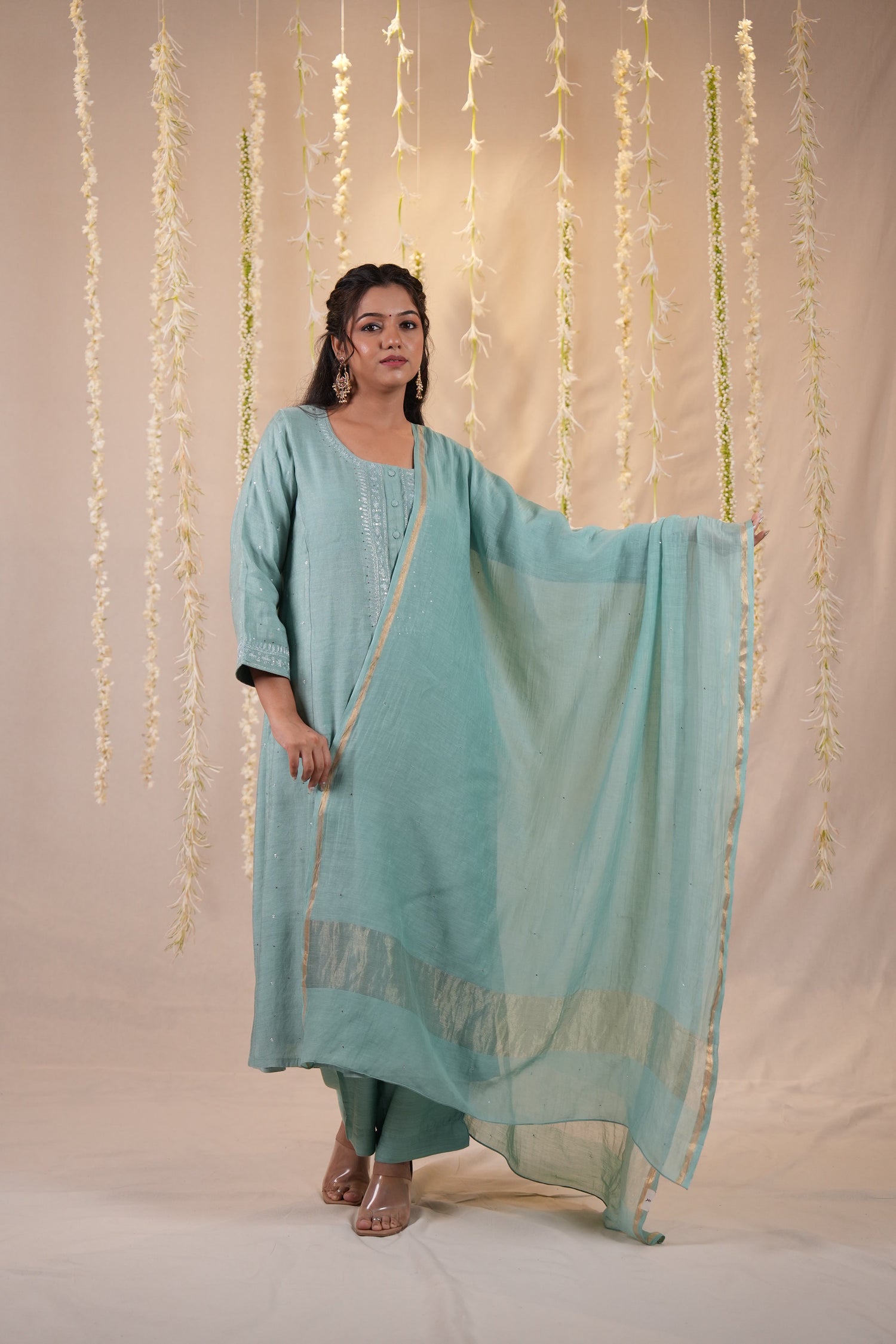 Ek Dor Sea Green Striped Tissue Silk Kurta Set– Set of Three