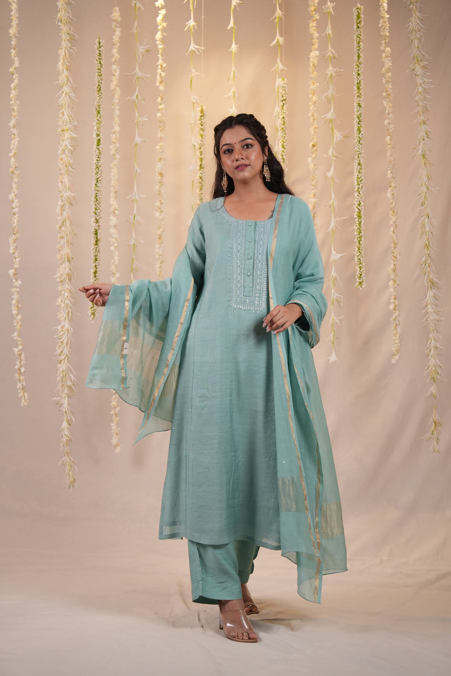 Ek Dor Sea Green Striped Tissue Silk Kurta Set– Set of Three