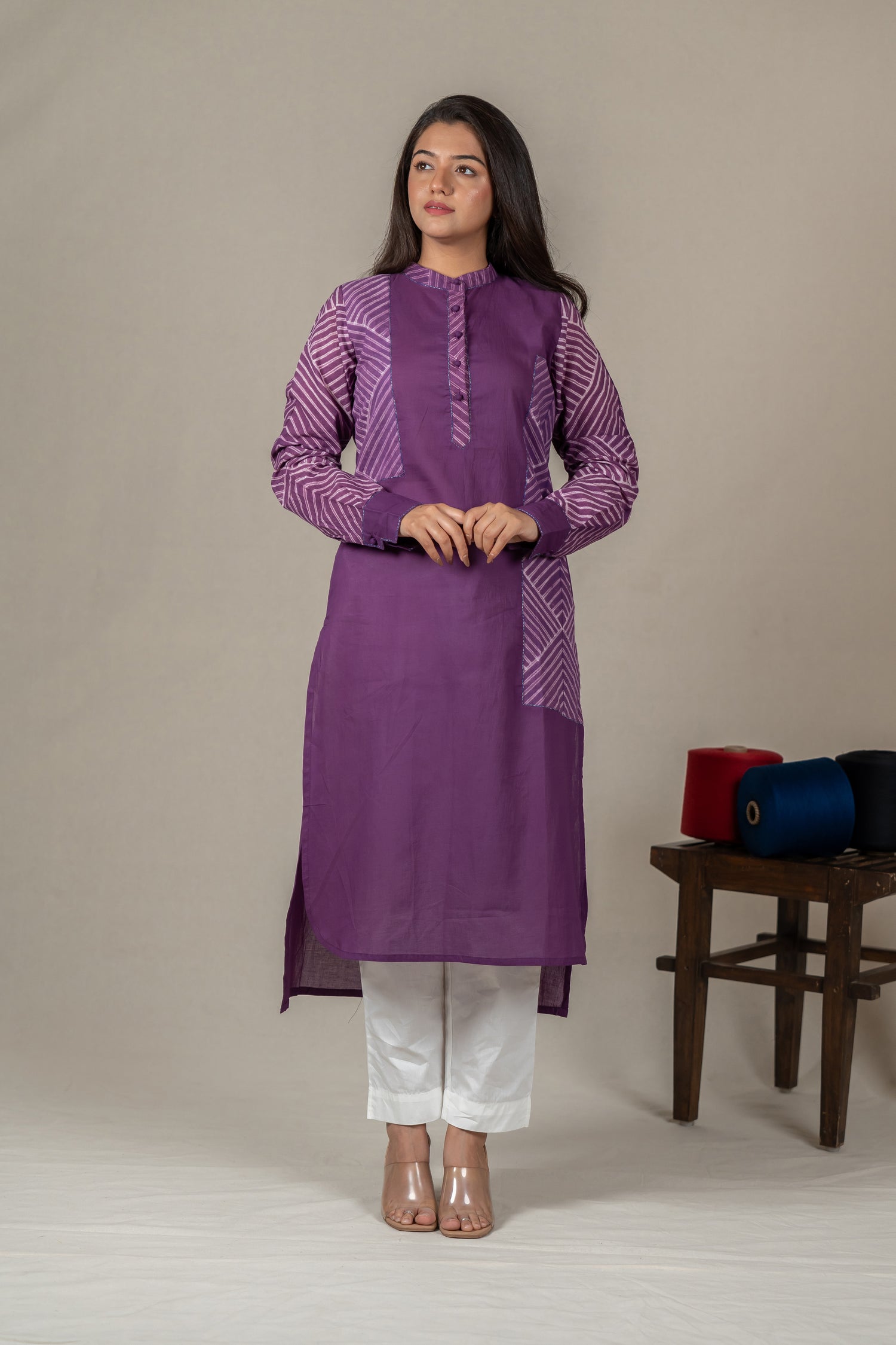 Purple Mul Cotton Shibori High-Low Kurta with Hand Embroidery – Amevara