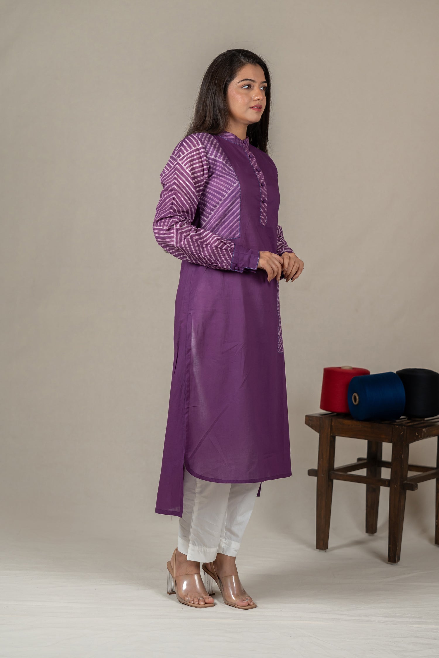 Purple Mul Cotton Shibori High-Low Kurta with Hand Embroidery – Amevara
