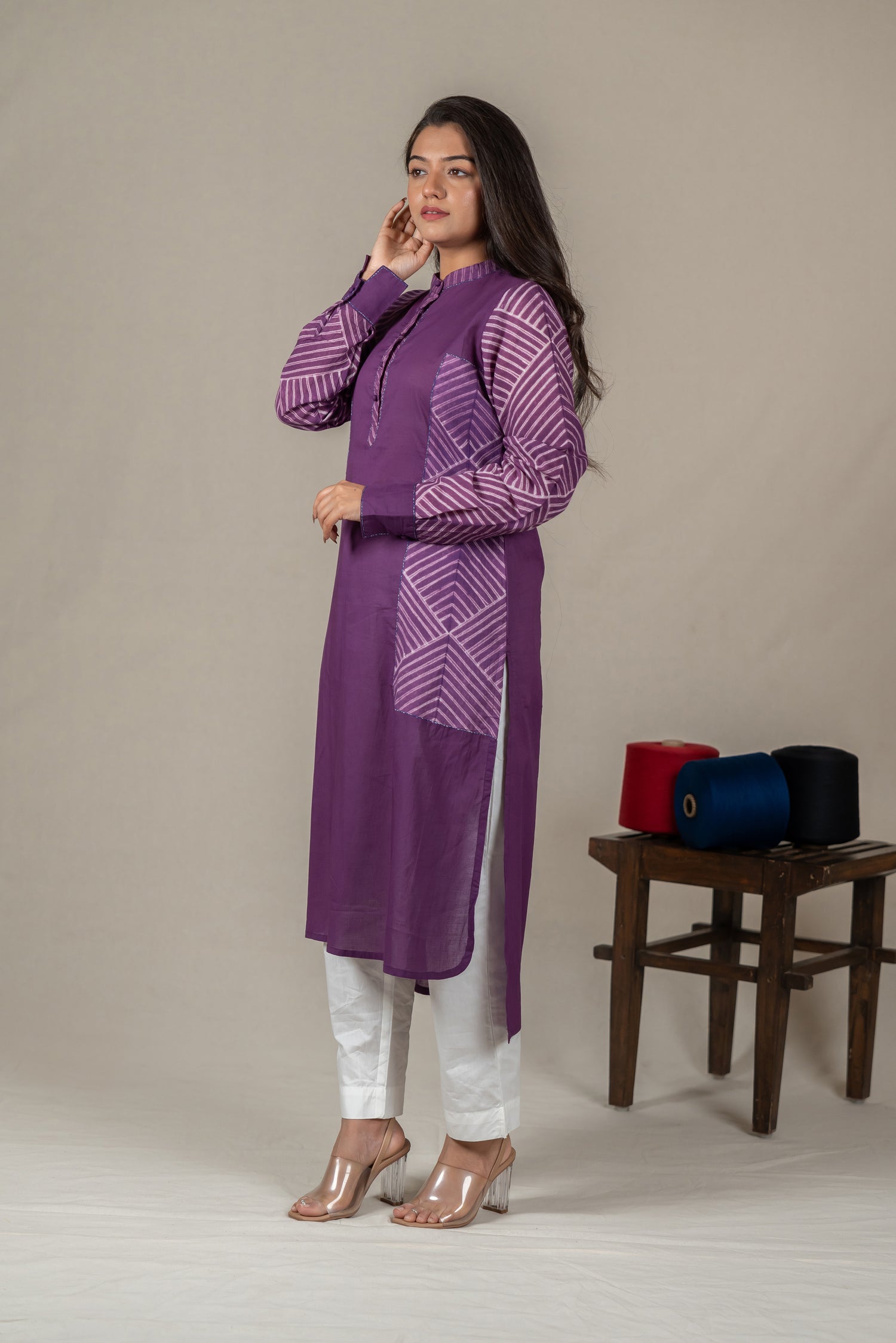 Purple Mul Cotton Shibori High-Low Kurta with Hand Embroidery – Amevara