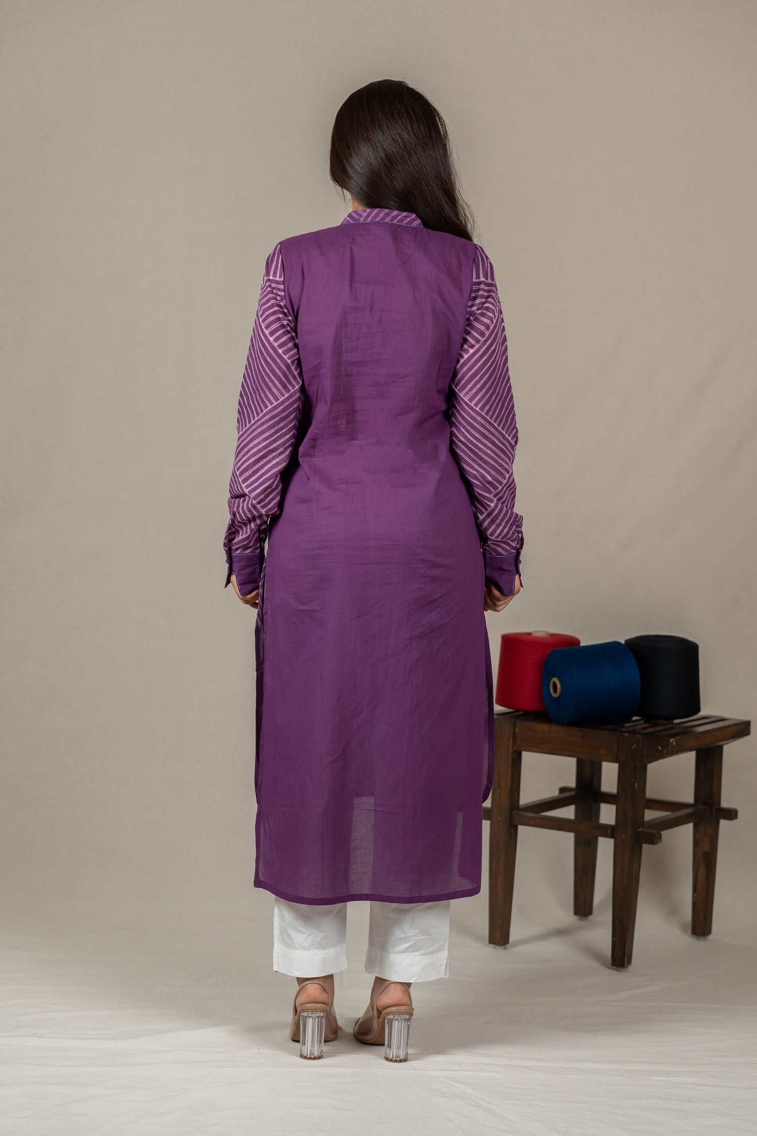 Purple Mul Cotton Shibori High-Low Kurta with Hand Embroidery – Amevara