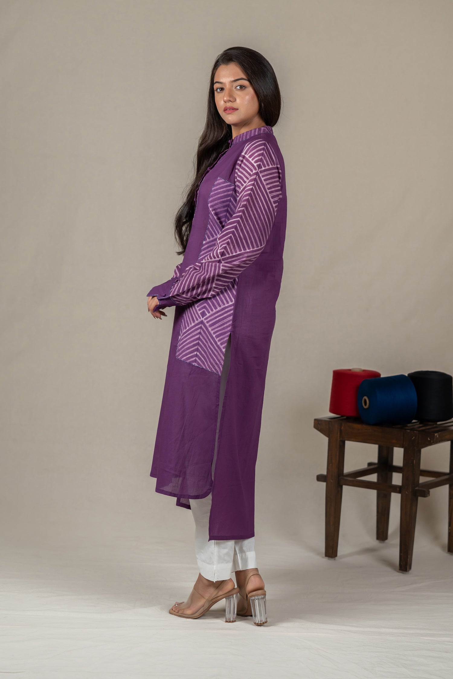 Purple Mul Cotton Shibori High-Low Kurta with Hand Embroidery – Amevara