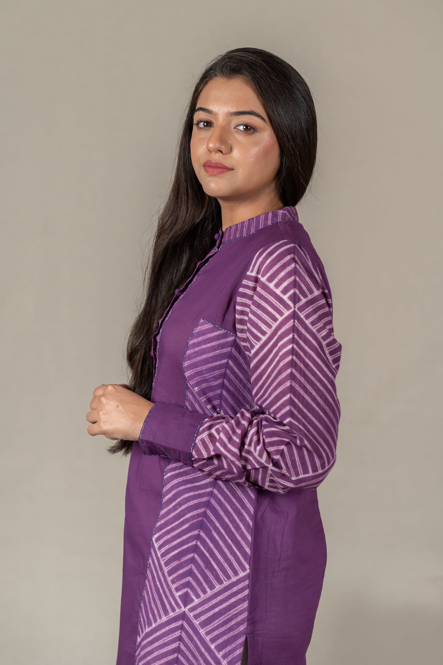 Purple Mul Cotton Shibori High-Low Kurta with Hand Embroidery – Amevara