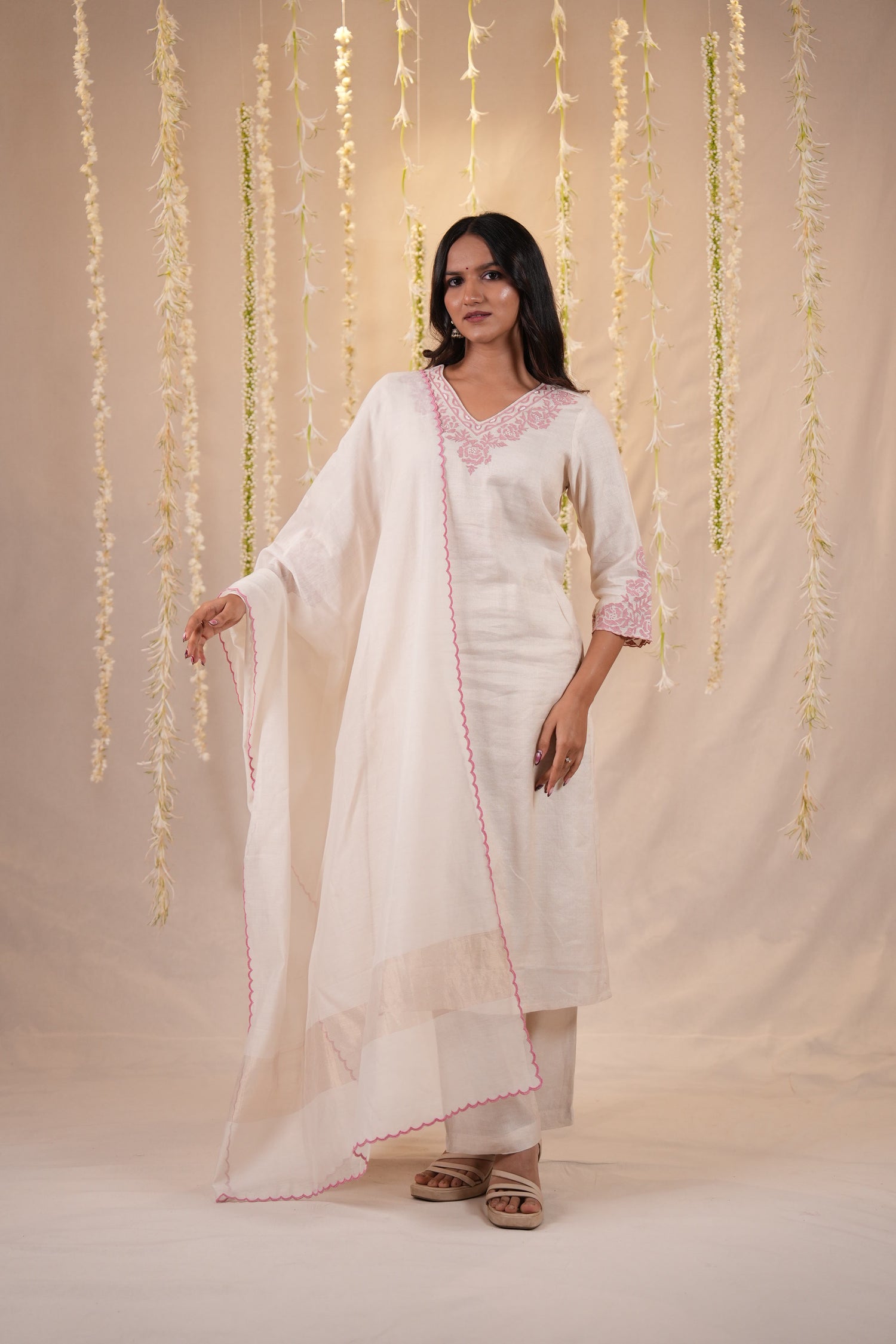 Ek Dor Machine Embroidered Striped Tissue Silk Kurta Set with Dupatta