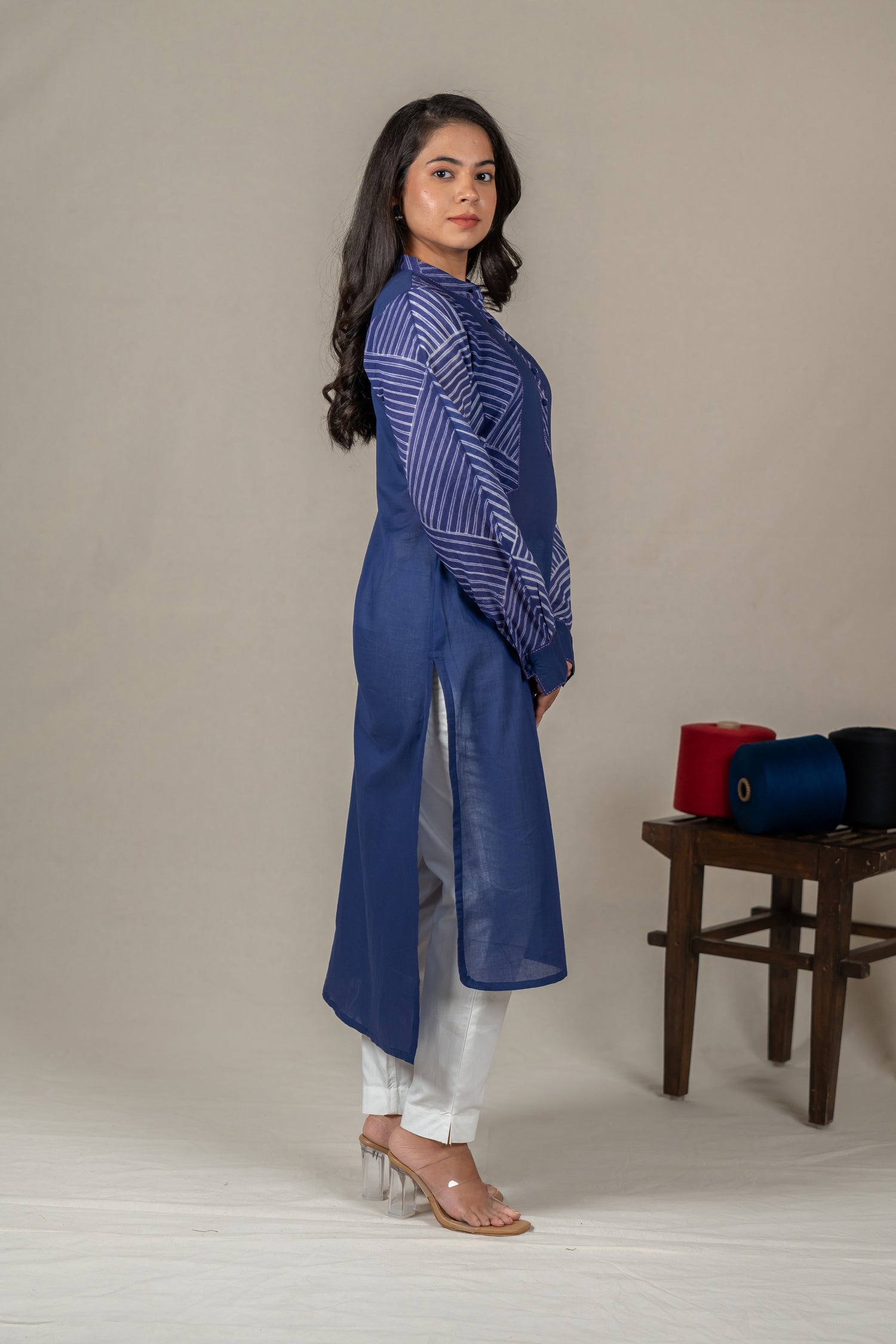 Indigo Mul Cotton Shibori High-Low Kurta with Hand Embroidery – Amevara