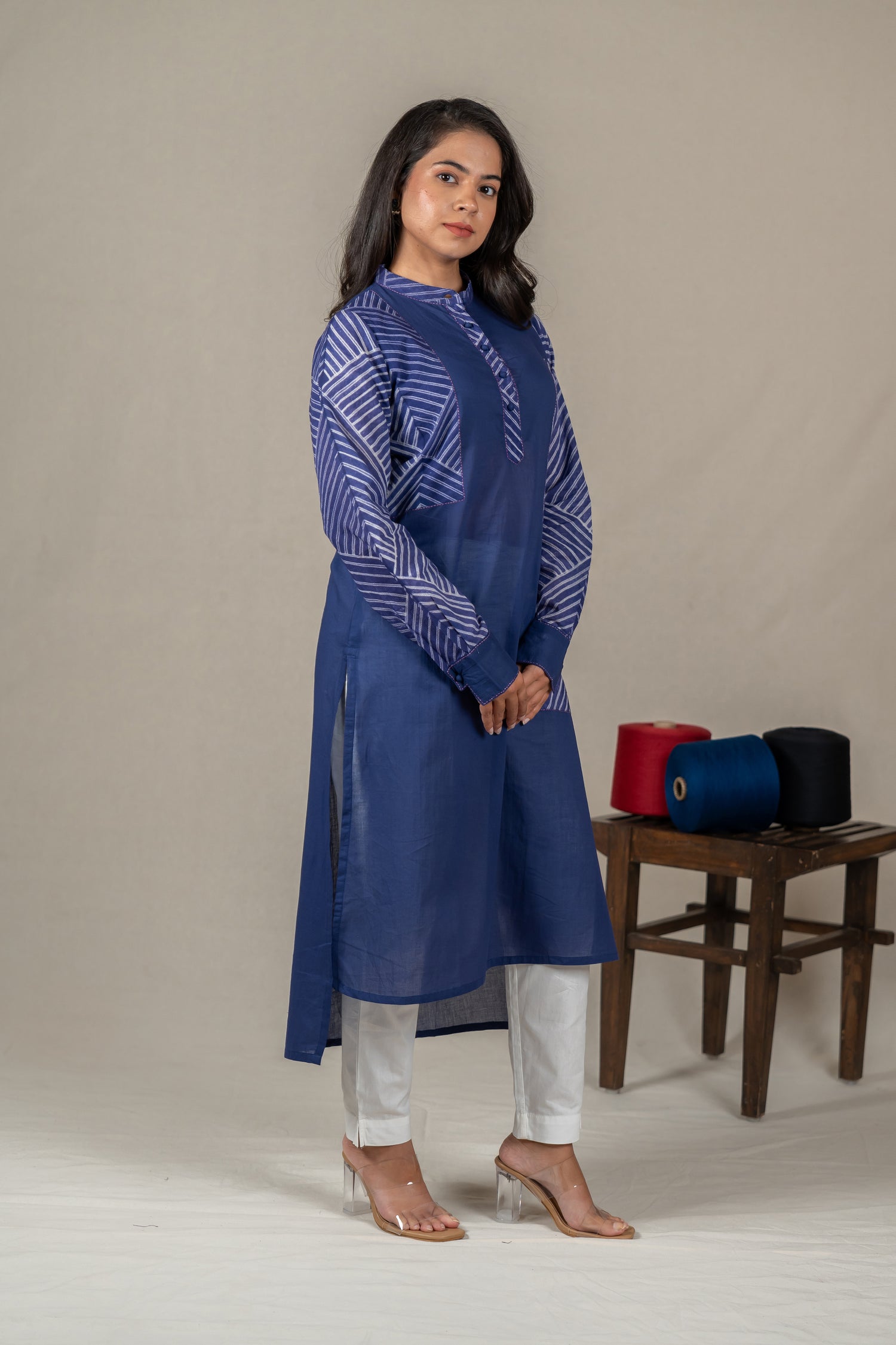 Indigo Mul Cotton Shibori High-Low Kurta with Hand Embroidery – Amevara