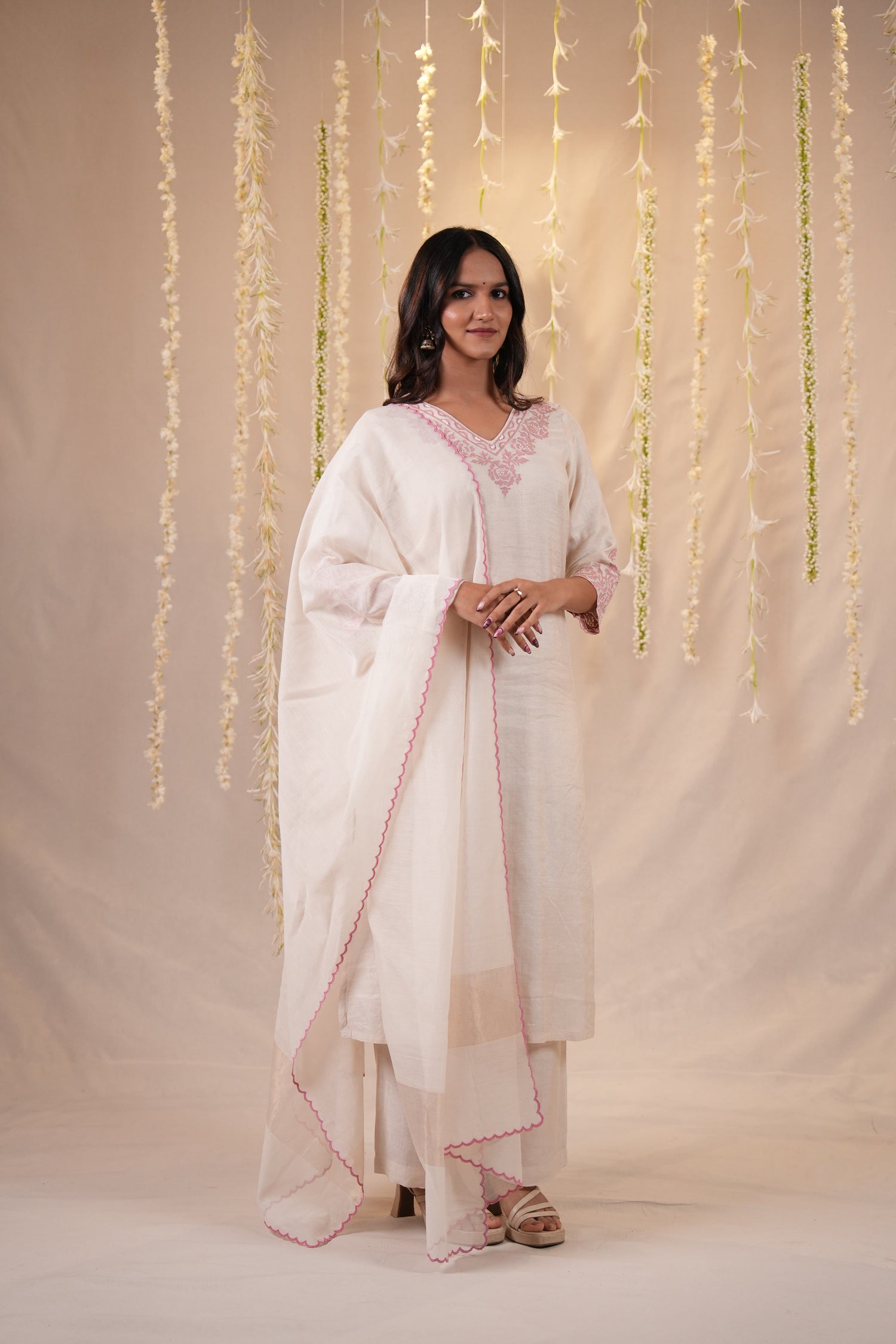 Ek Dor Machine Embroidered Striped Tissue Silk Kurta Set with Dupatta