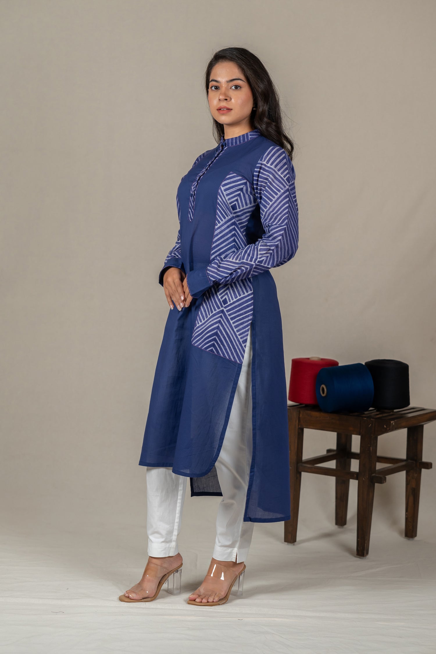 Indigo Mul Cotton Shibori High-Low Kurta with Hand Embroidery – Amevara