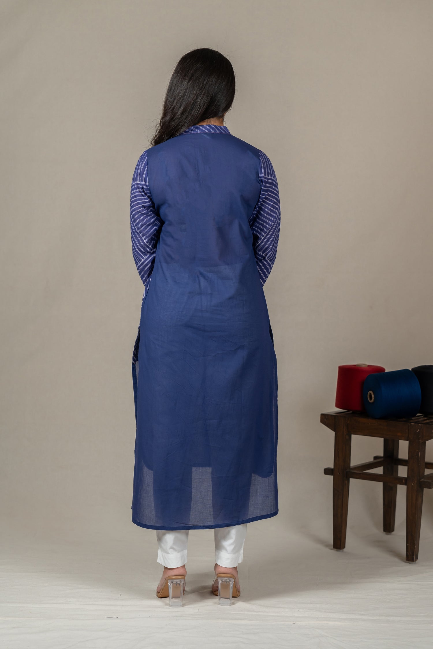 Indigo Mul Cotton Shibori High-Low Kurta with Hand Embroidery – Amevara