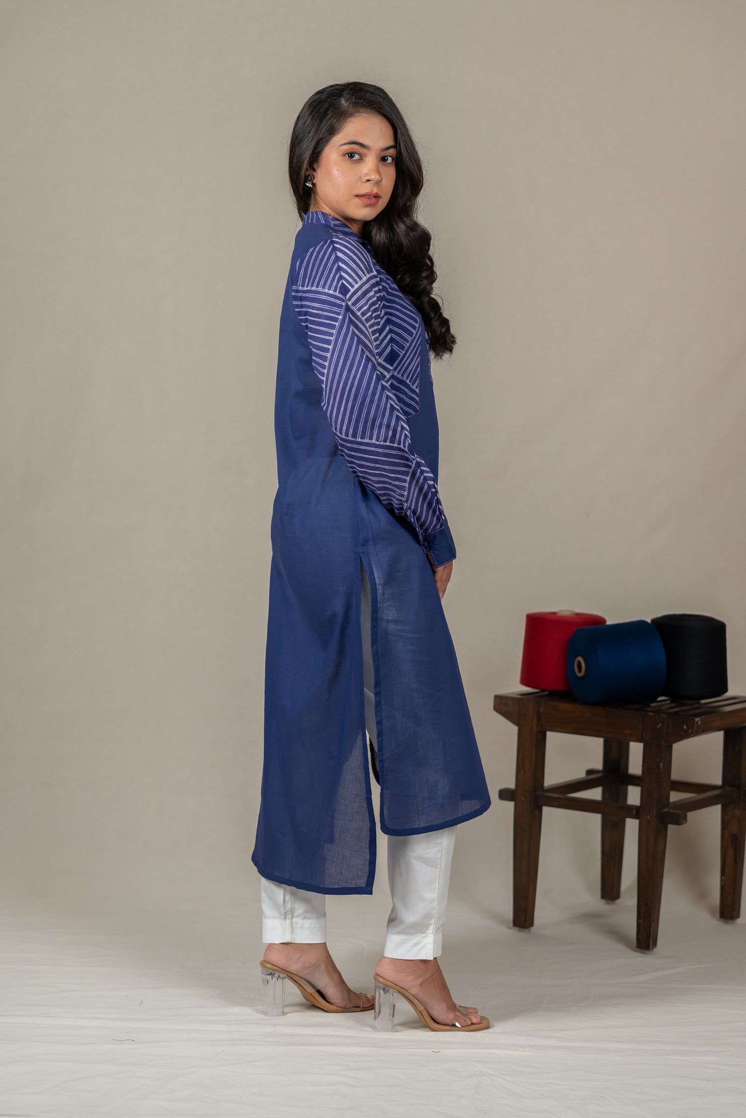 Indigo Mul Cotton Shibori High-Low Kurta with Hand Embroidery – Amevara