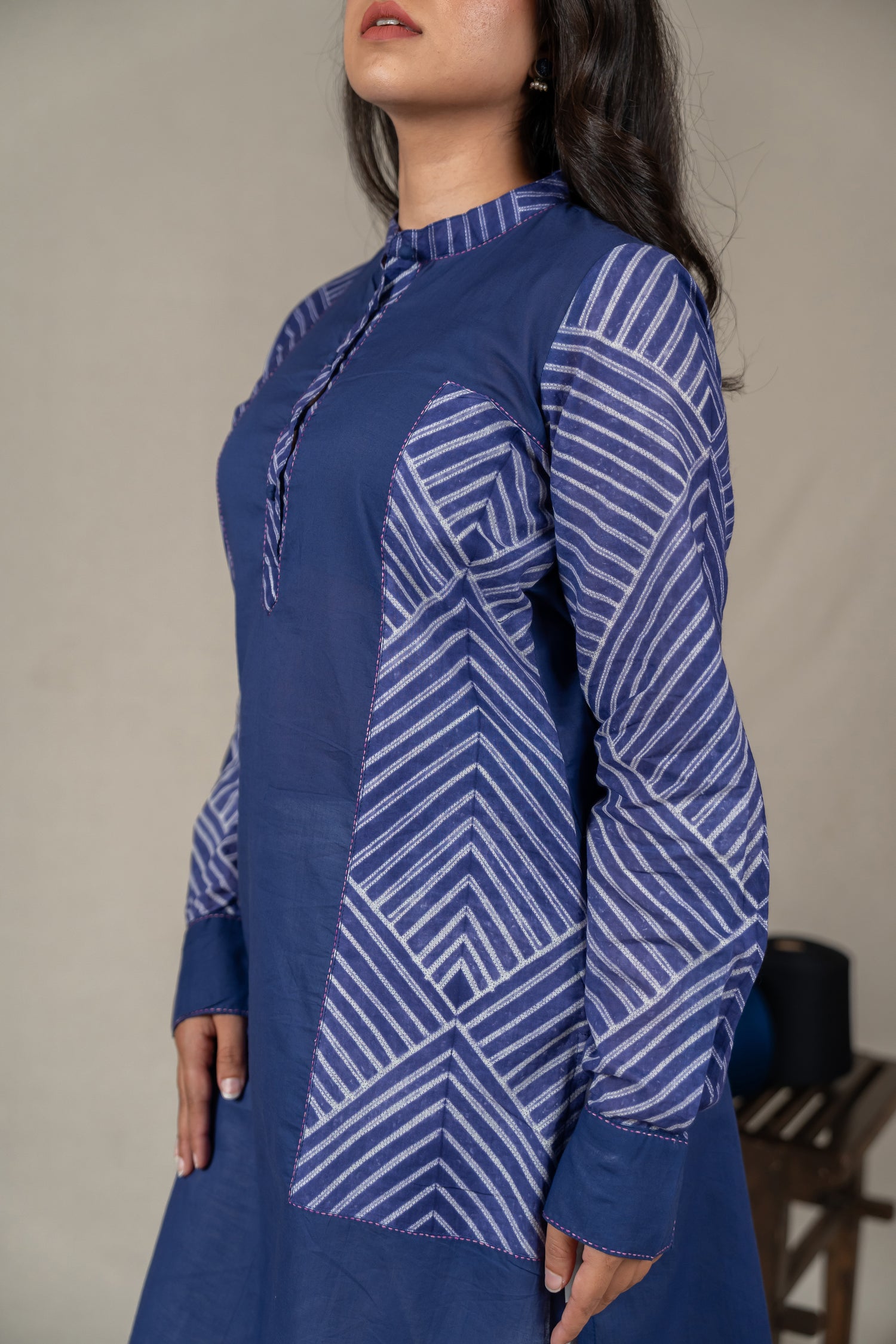 Indigo Mul Cotton Shibori High-Low Kurta with Hand Embroidery – Amevara