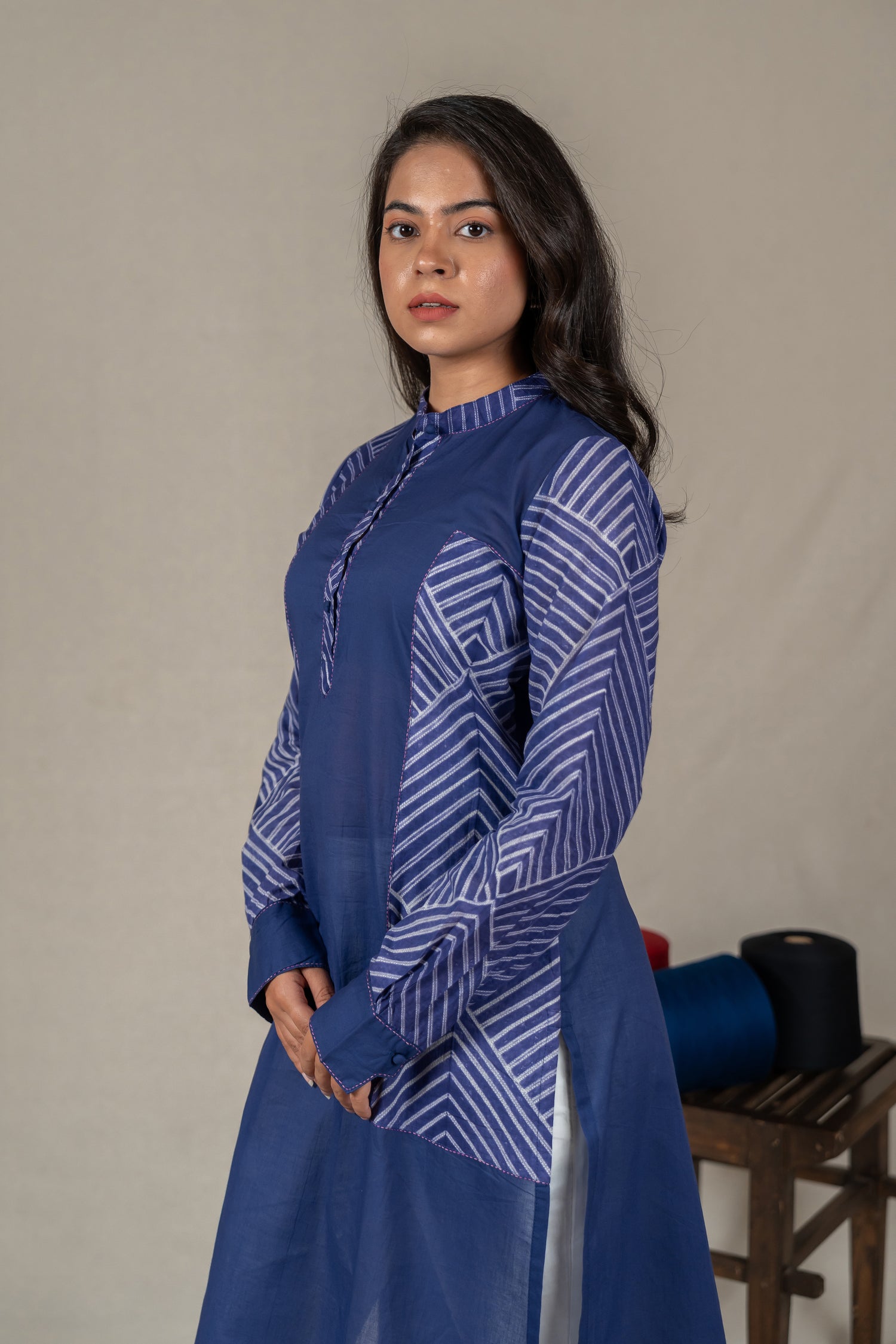 Indigo Mul Cotton Shibori High-Low Kurta with Hand Embroidery – Amevara