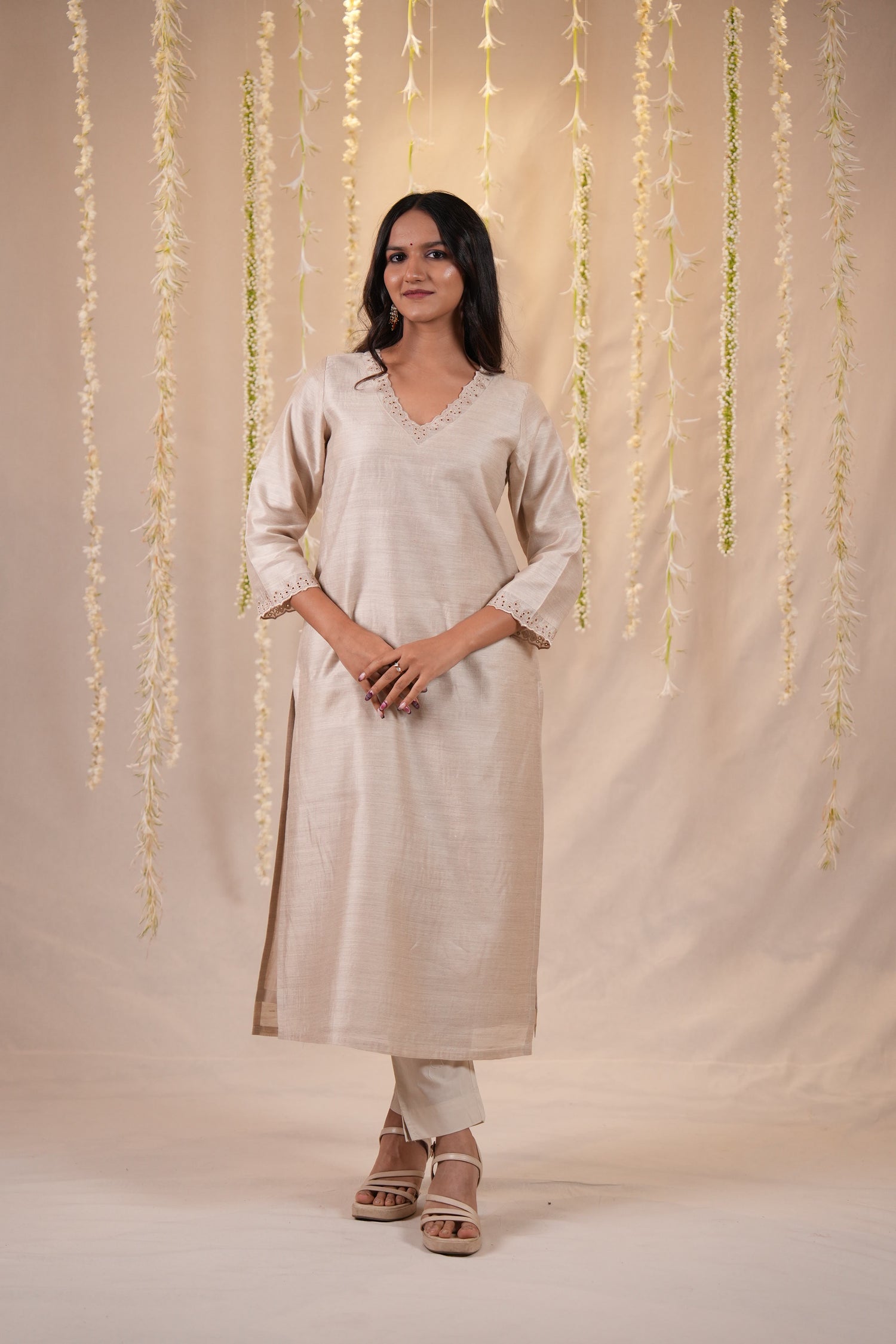 Ek Dor Beige Muga Silk Kurta with Machine Embroidery
